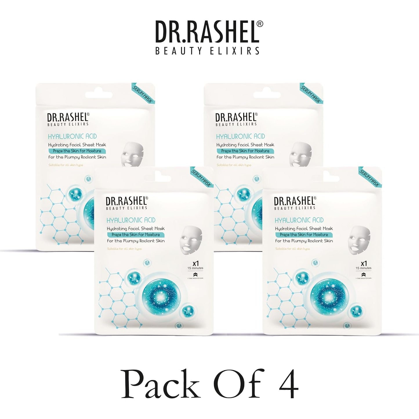 DR.RASHEL Hyaluronic Face Sheet Mask With Serum For Women And Men | All Skin Types | Repairing & Nourishment | Soothing And Hydrating | Paraben Free | Pack Of 4 | 20 Grams Each