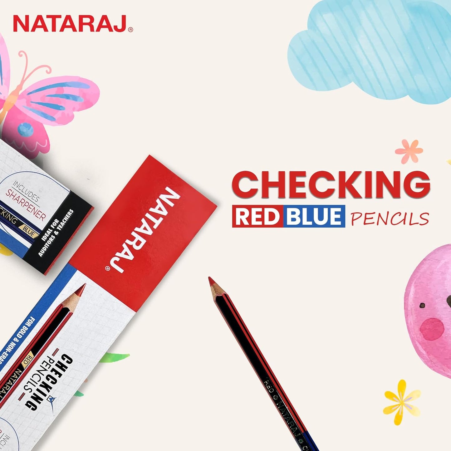 NATARAJ Checking Pencils Red & Blue, Hexagonal Shape, Break-resistant Bonded Lead, Comfortable & Soft Grip, Double Headed Design, Suitable for Kids (Pack of 1)