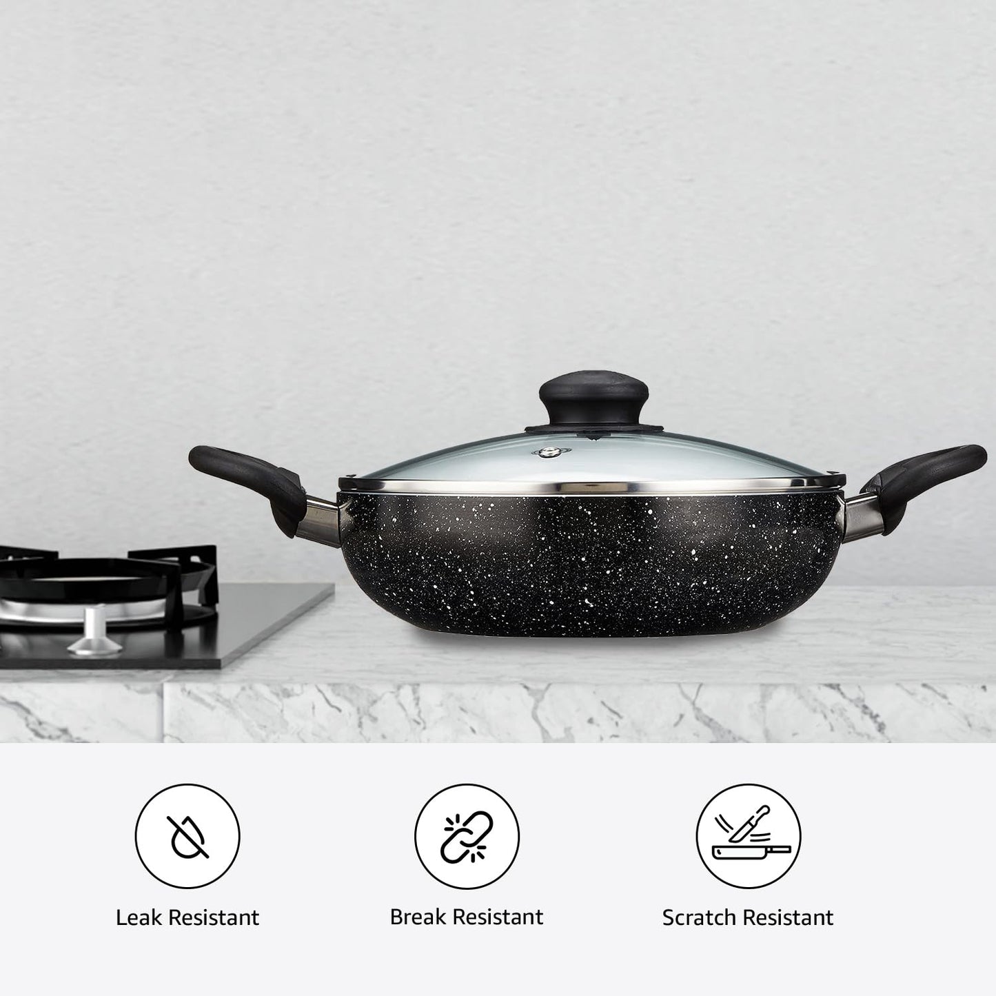 Solimo Aluminium 6 Piece Non-Stick Cookware Set with Detachable Handle| Granite Finish | Induction Base | Pfoa Free | HTR Exterior Coating | Black