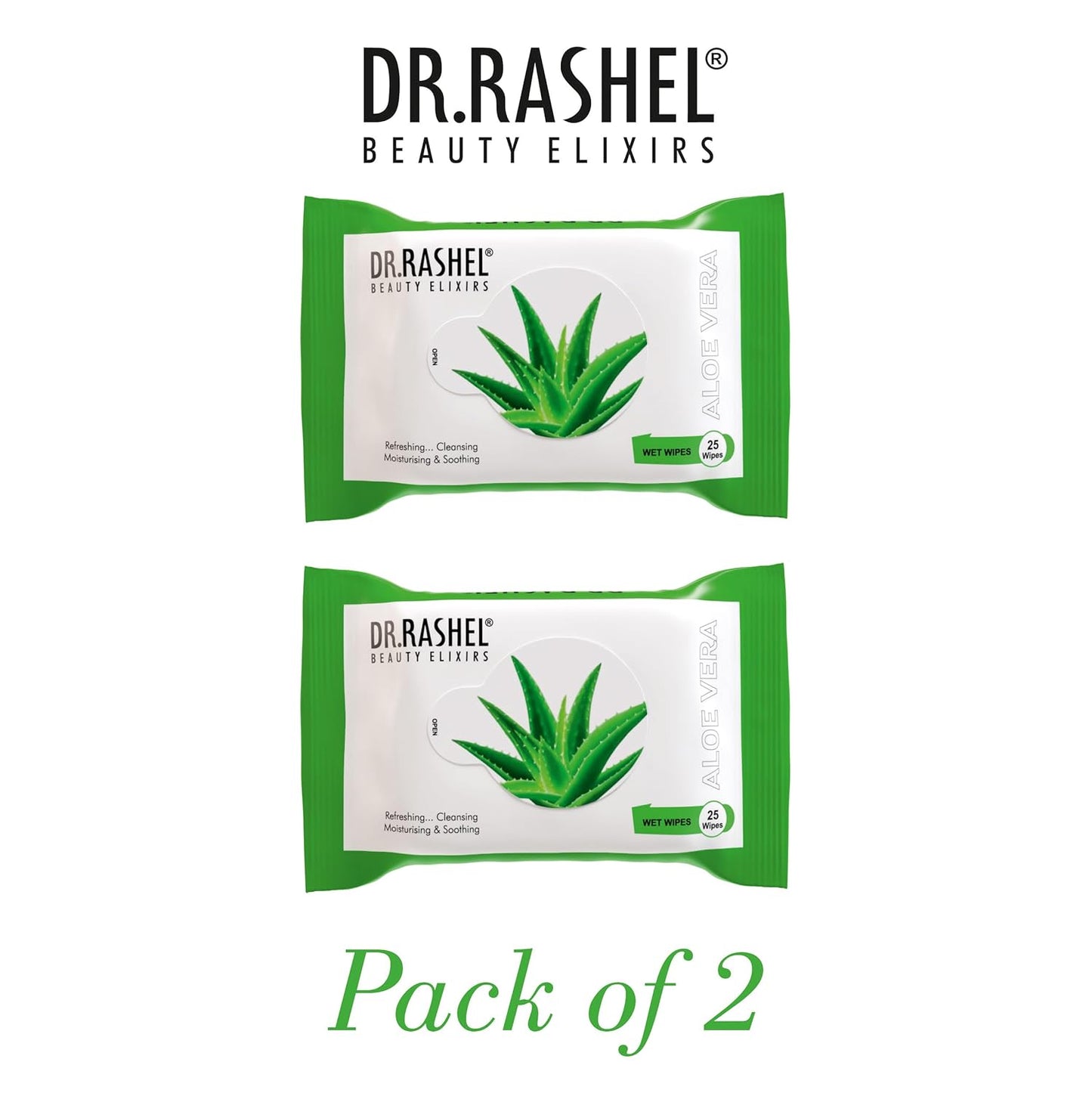 DR.Rashel Aloe Vera Pack of 2 Face Wipes, Enriched with goodness of Glycerin and Aloe Vera Extract | For Multi purpose use | Gives Refreshing and Glowing Skin.(25 pc x 2)