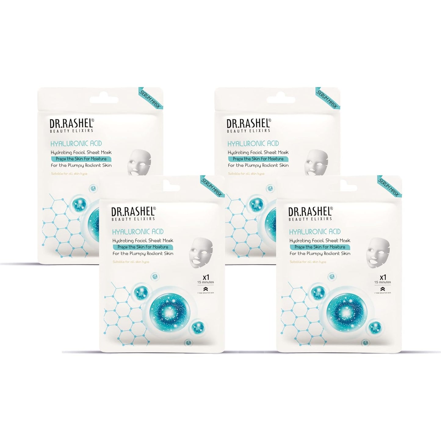 DR.RASHEL Hyaluronic Face Sheet Mask With Serum For Women And Men | All Skin Types | Repairing & Nourishment | Soothing And Hydrating | Paraben Free | Pack Of 4 | 20 Grams Each