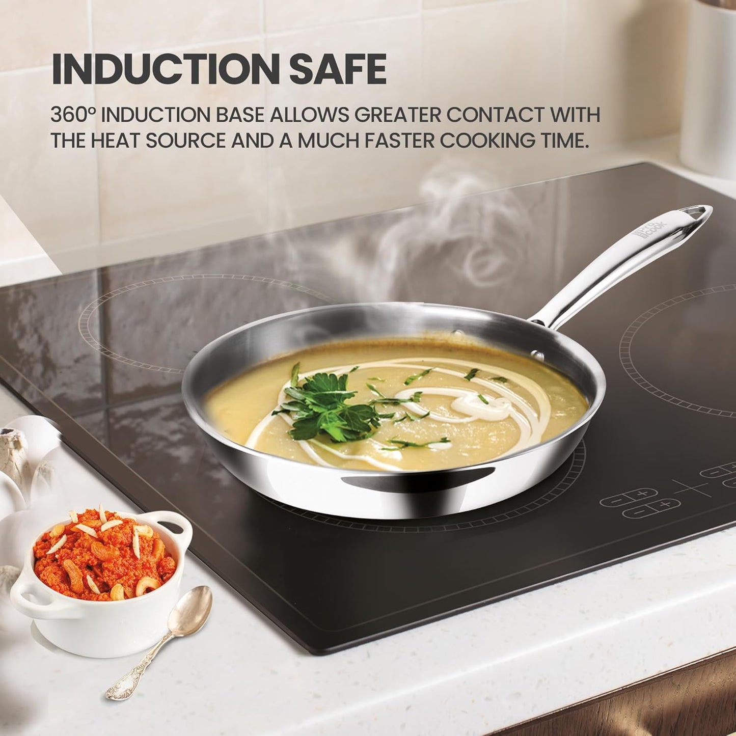 MILTON Pro cook Triply Induction Base Cookware Set Of 3 Stainless Steel |Sauce Pan 14 Cm, Fry 24 Kadhai Cm With Glass Lid Silver | Dishwasher Safe Food Flame