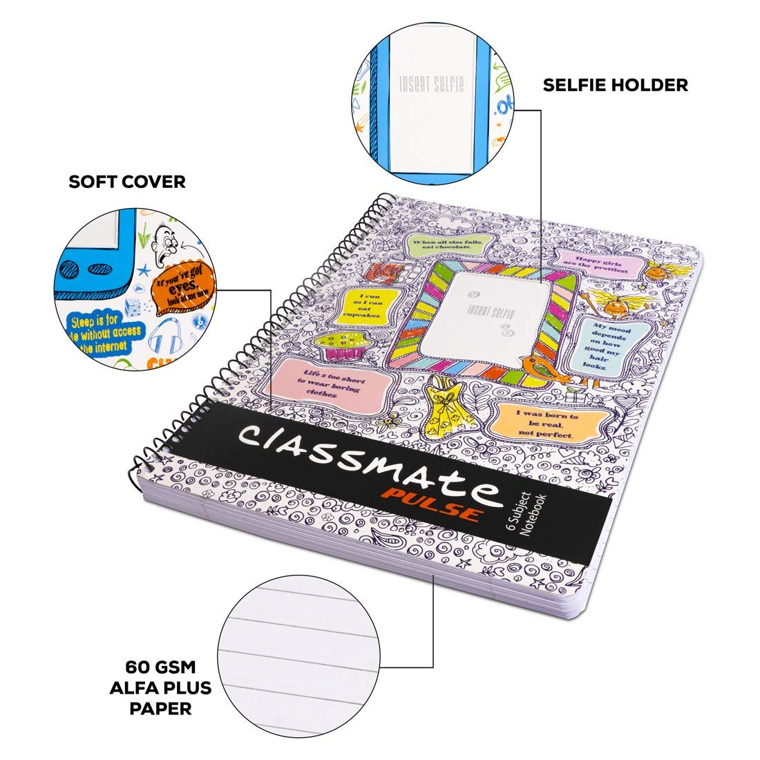 Classmate 2100135 Soft Cover 6 Subject Spiral Binding Selfie Notebook, Single Line, 300 Pages
