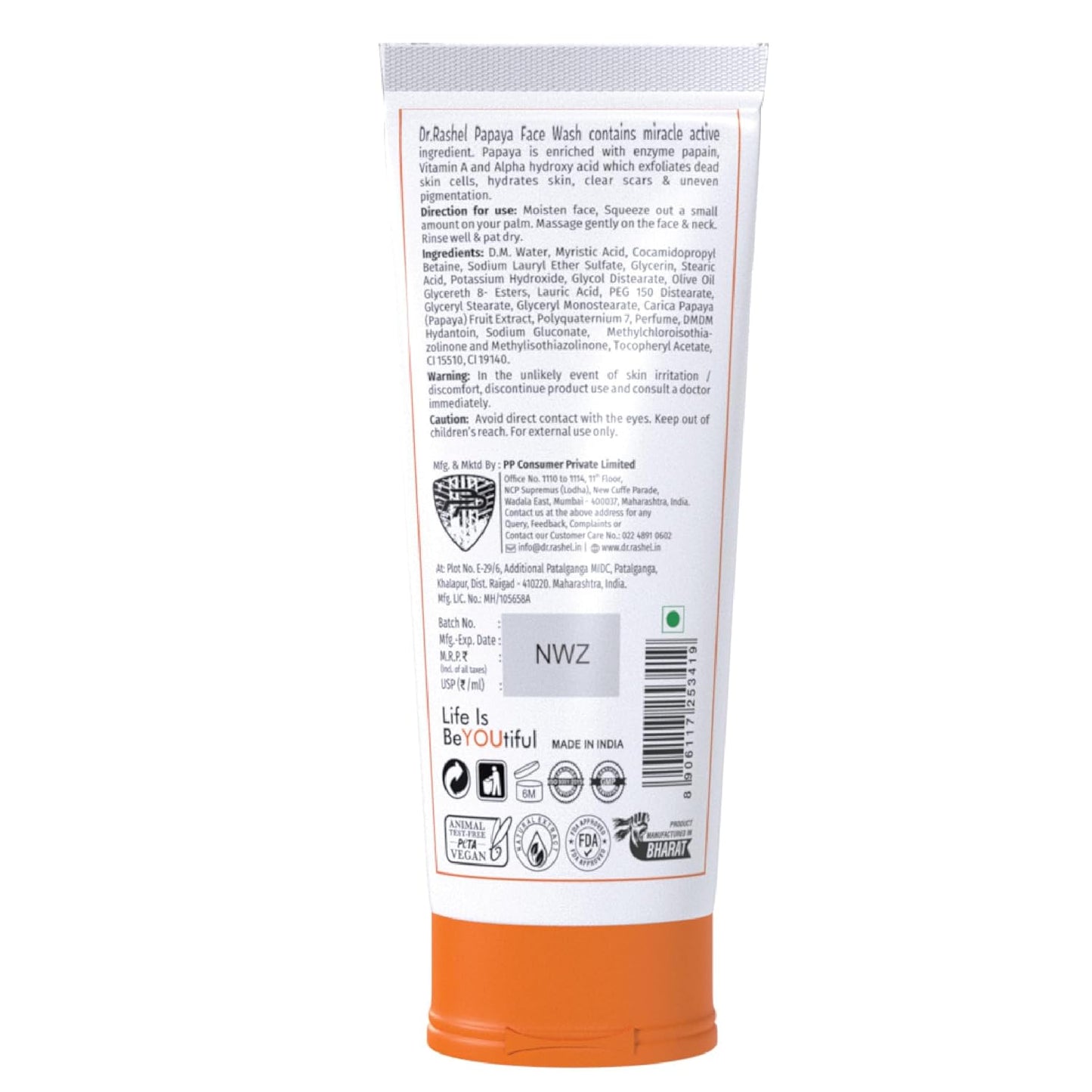 DR.RASHEL Papaya Face wash With Natural Papaya Extracts & Fruits Infused Facewash Deep cleansing and skin brightening for oily and dry skin - 100 ml