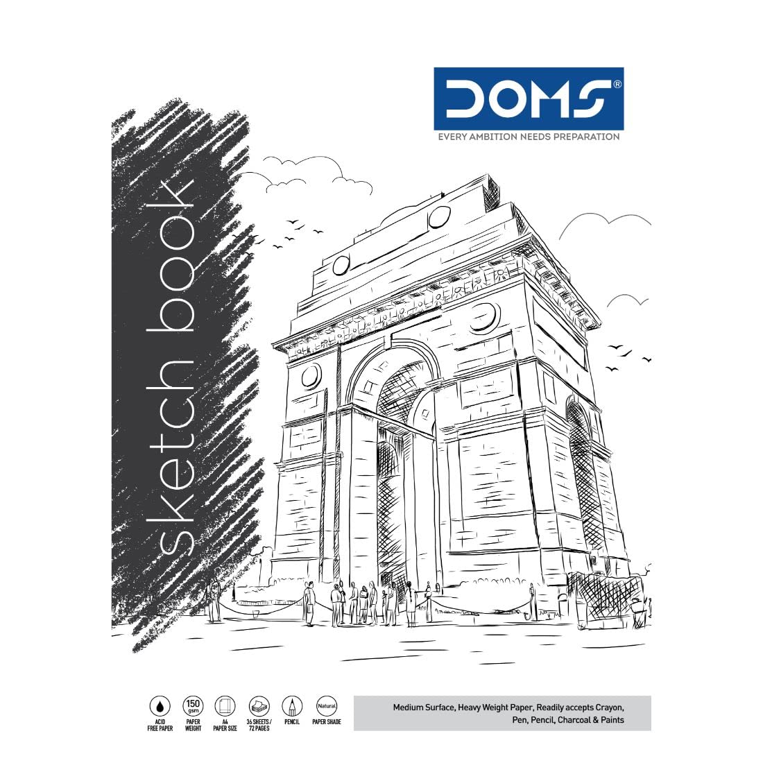 Doms Wiro Bound Sketch Book | 150 GSM, Unruled, 72 Pages | 29.7 x 21 CM | Ideal for Drawing, Sketching, Colouring and Painting | Pack of 1 | Color and Design May Vary