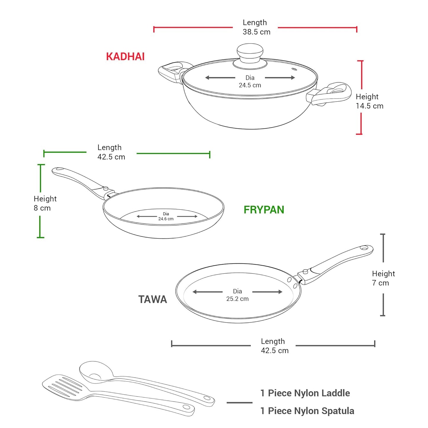 Milton Pro Cook Kitchen Jewel Set of 5, Peach (Fry pan 24 cm/1.6 litres; Kadhai 24 cm/2.5 litres with Glass lid; Tawa 25 cm) | Induction | Hot Plate | Flame Safe