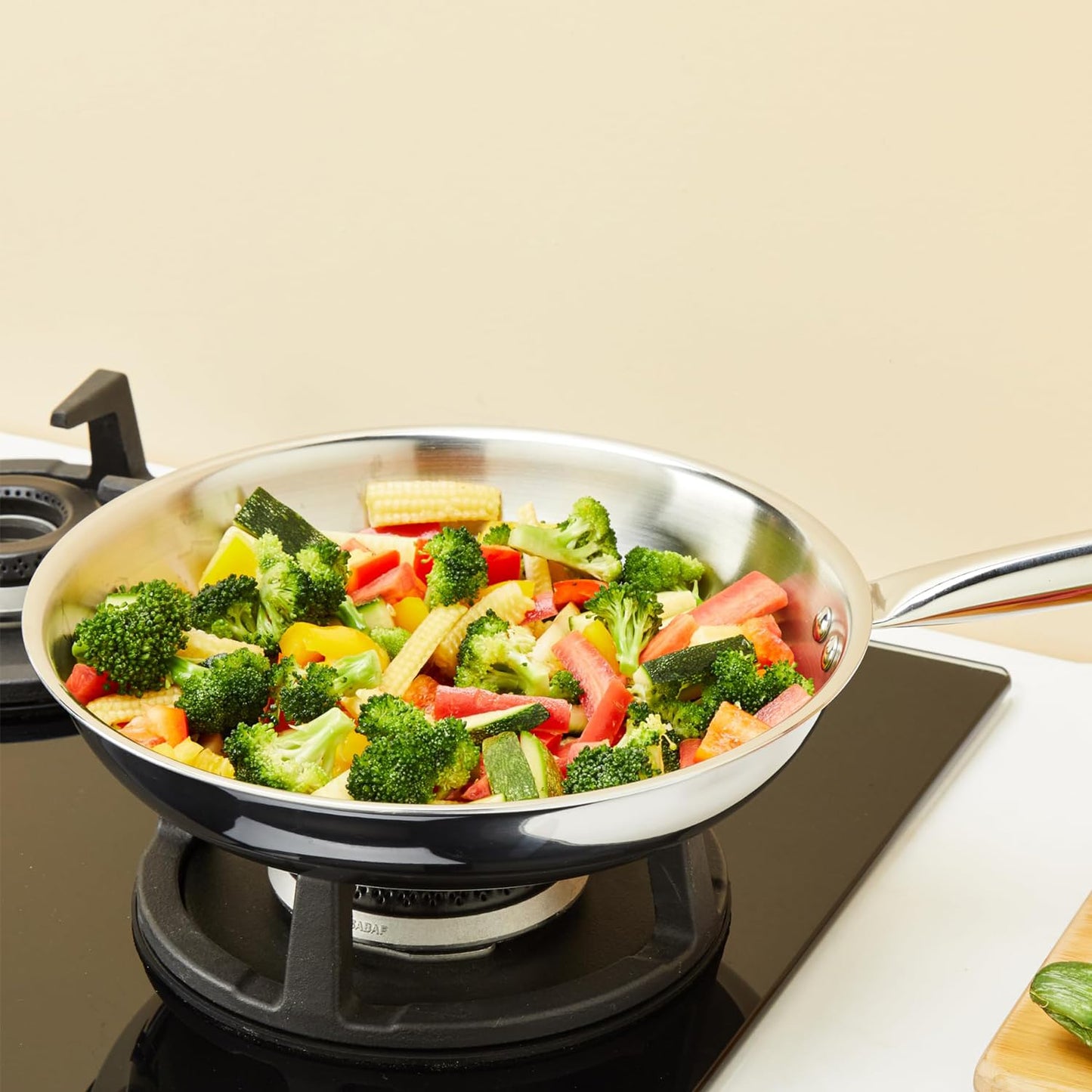 Solimo Triply Stainless Steel 3 Piece Cookware Set(Kadhai/Wok with Lid-24 Cm,Fry Pan-24 Cm&Tea/Milk Saucepan-16 Cm) Induction and Gas Stove Compatible|Dishwasher Safe,Silver