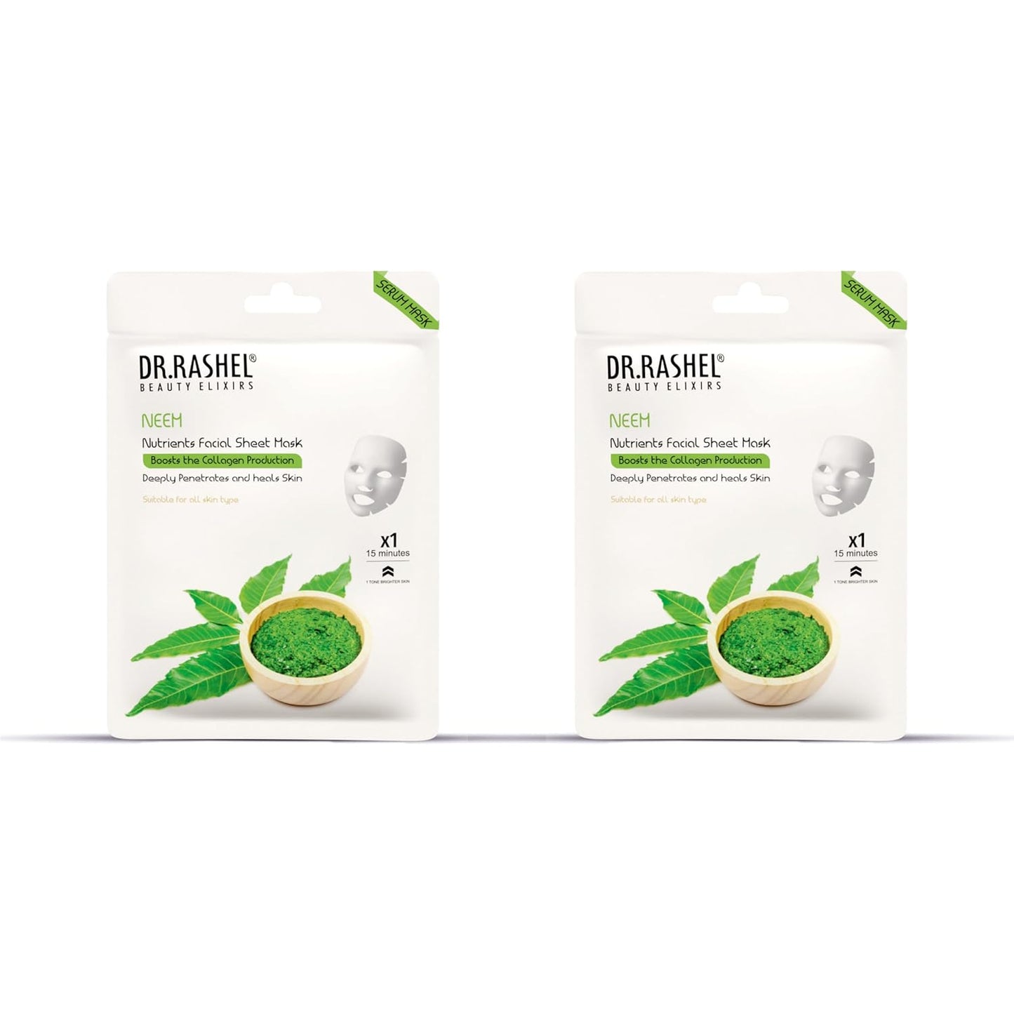 DR.RASHEL Neem Face Sheet Mask With Serum For Women and Men | All Skin Types | Soft and Healthy Skin | Deep Cleansing & Oil Control | Repairing & Nourishment | Soothing And Hydrating | Paraben Free | Pack Of 2 | 20 Grams Each