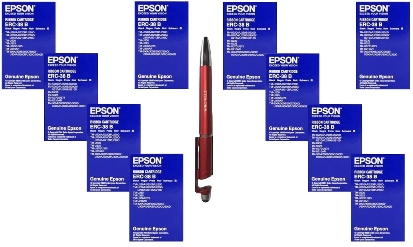 Epson ERC-38B Black (Set of 10) with 3in1 Multi-Function Mobile Phone Stand, Stylus Pen, Anti-Metal Texture Rotating Ballpoint Pen (Very Colors) ERC 38 B 38b