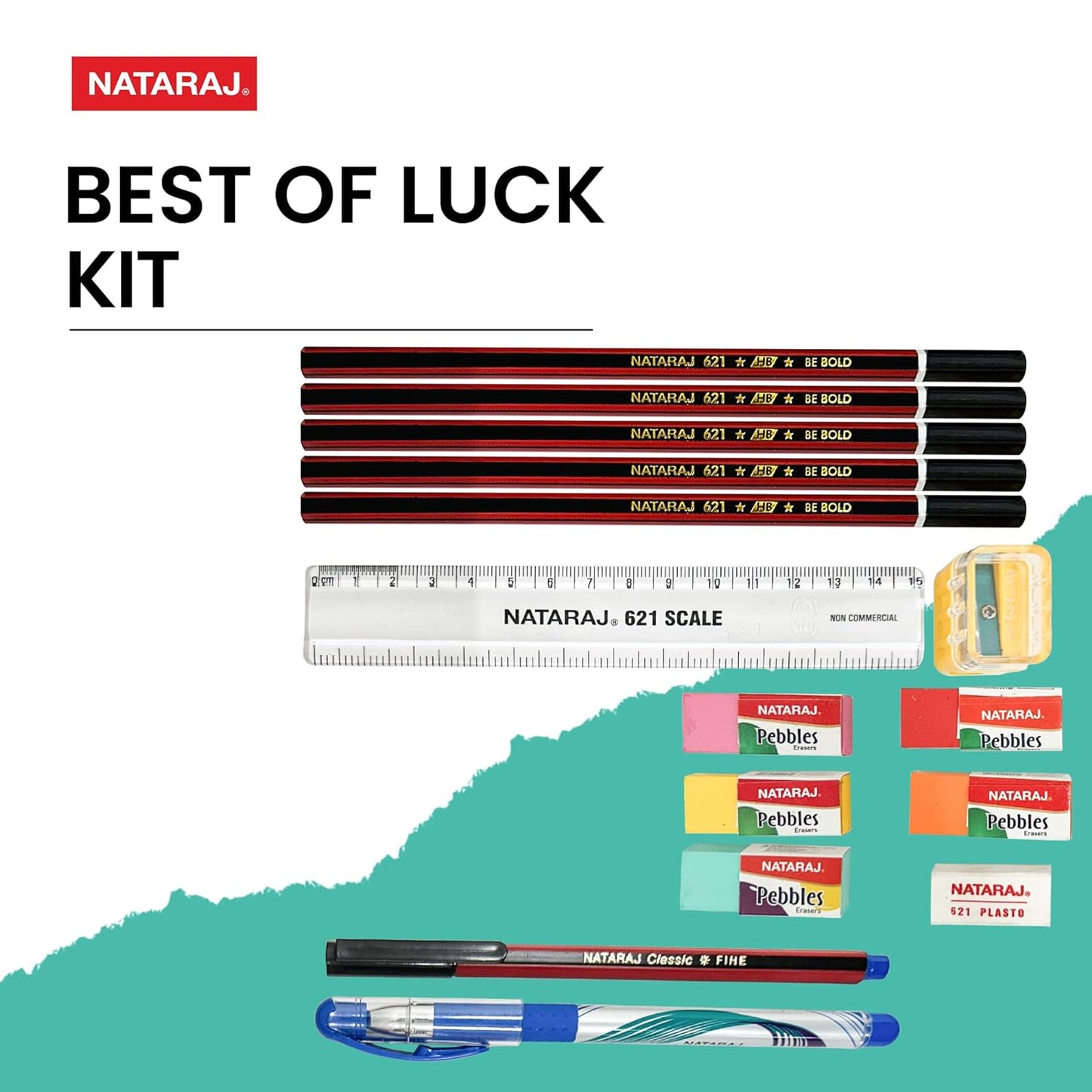 Nataraj Writing Kit|5 Pencils|1 Filly Sharpener|1 Pouch Of 5 Pebbles Erasers|1 Itip Gel Pen|1 Classic Ball Pen|1 15Cm Scale|1 Pasto Eraser|Portable Kit|Academic Kit|Ideal For Gifting, Ink black