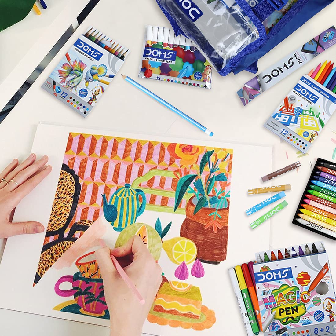 DOMS Junior Art Kit-1 Drawing Book, 1 Zoom Triangle Pencils, 12 Shade Colour Pencils, 12 Shade Water Colour Pencils, 12 Shade Water Colour Pens, 12 Shade Water Colour Cakes