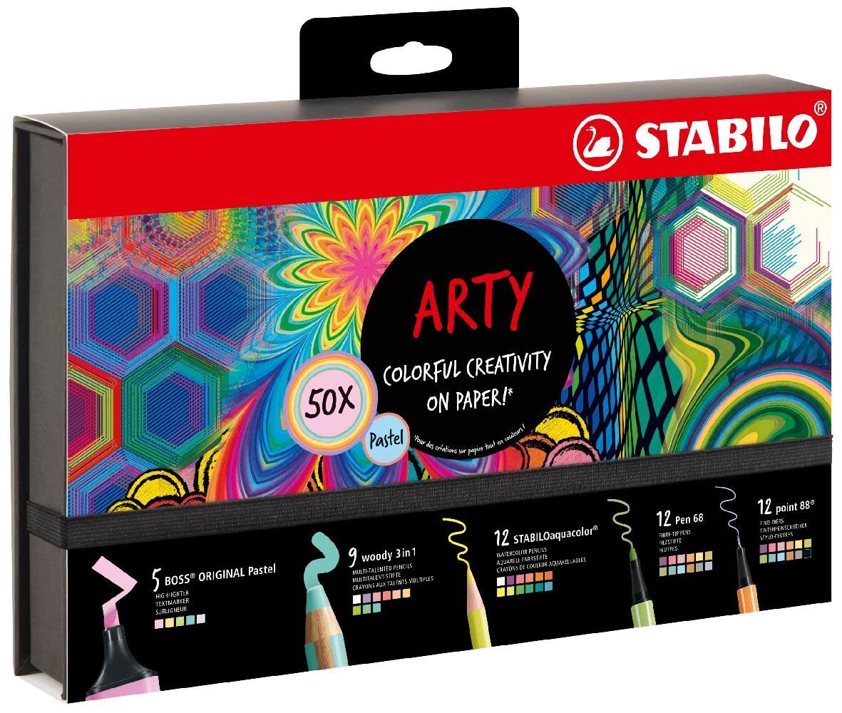 STABILO Art Creative Set Pastel - Pack of 50 - Highlighters, Multi-Talent Pens, Watercolour Colouring Pencils, Fineliner & Premium Felt Tip Pens