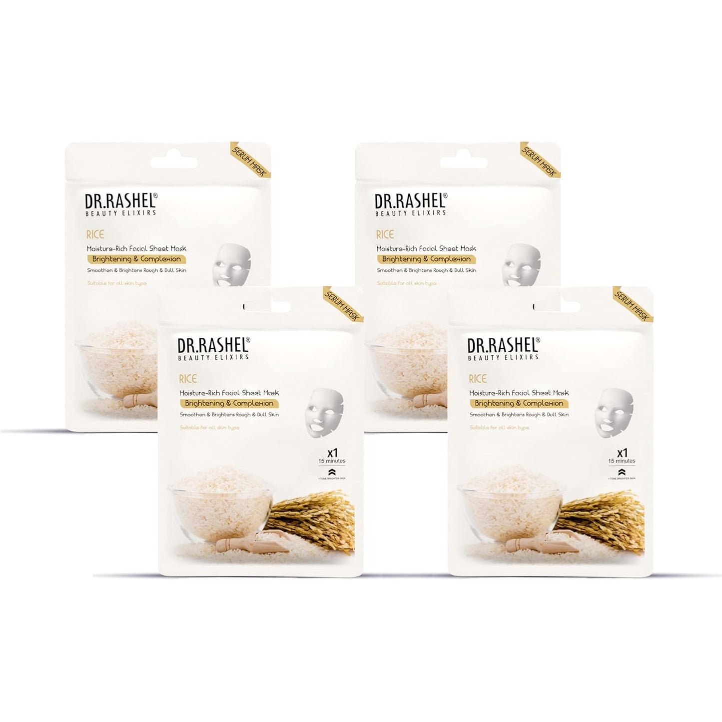 DR.RASHEL Rice Face Sheet Mask With Serum For Women and Men | All Skin Types | Soft and Healthy Skin | Deep Cleansing & Oil Control | Repairing & Nourishment | Soothing And Hydrating | Paraben Free | Pack Of 4 | 20 Grams Each