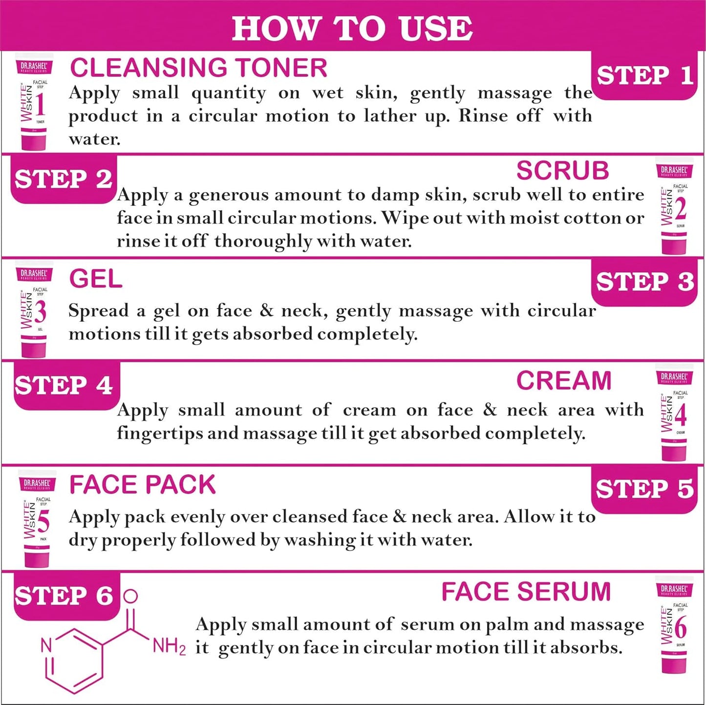 DR.RASHEL White Skin Facial Facial Face Kit For Women & Men Combo Pack of Waterless Face Wash, Scrub , Gel , Pack & Serum For Glowing & Brightening Skin Suitable For All Skin - Pack of 1 (140 Grams)