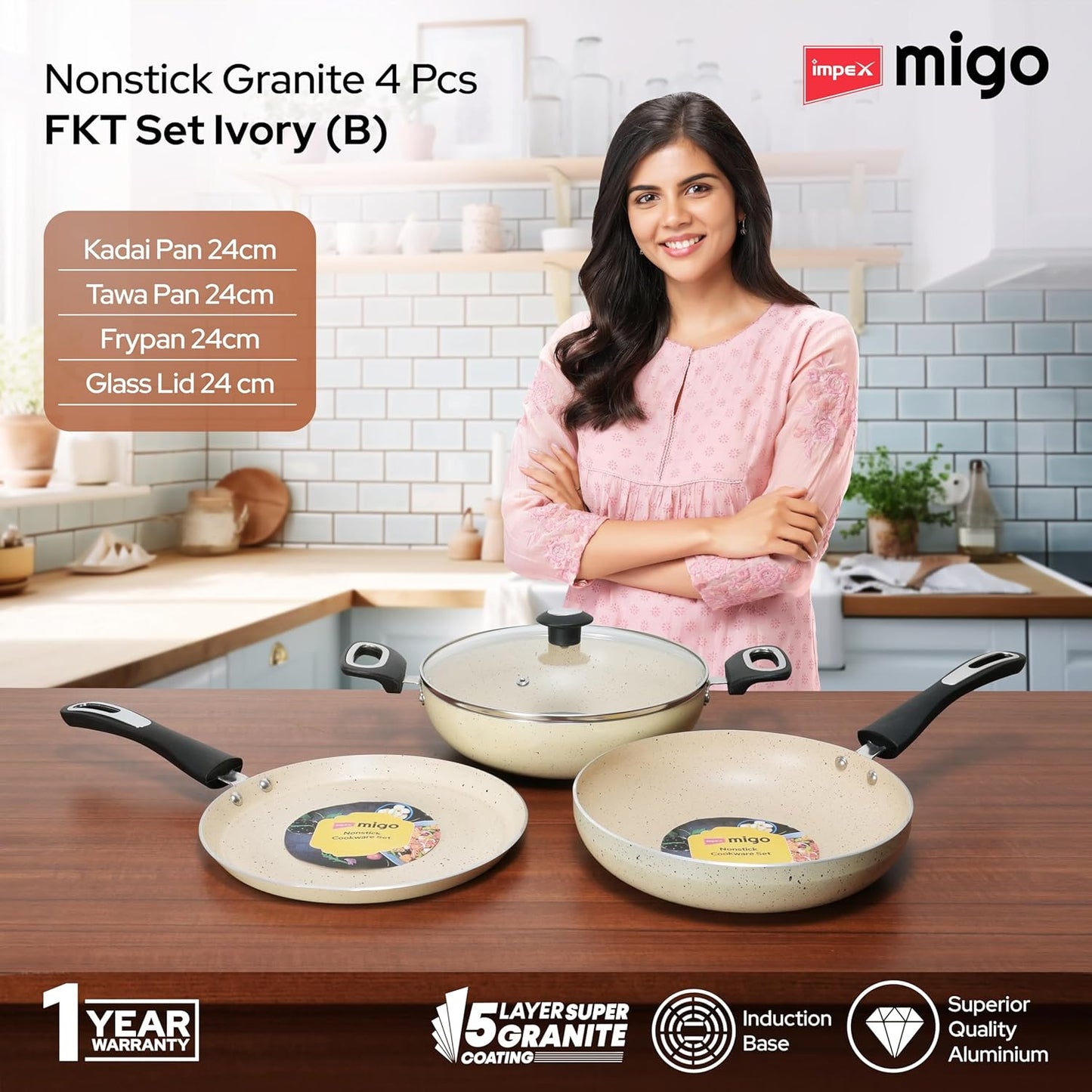 Impex Migo Non Stick Cookware Set | 4 Pcs Induction Bottom Cookware Set 3 mm Thick, Festival Gift Set, 5-Layer Super Granite Non-Stick Coated Cookware Set,Two Sides Spatter Design,1 Year Warranty