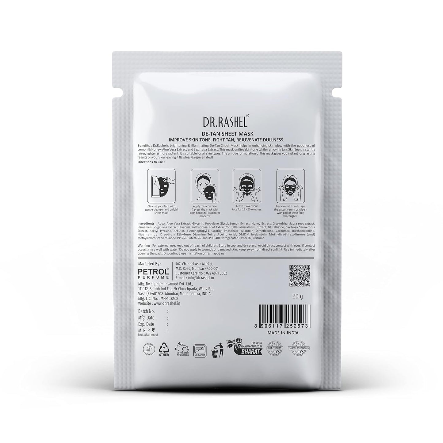 DR.RASHEL De-Tan Face Sheet Mask With Serum For Women And Men | All Skin Types | Soft And Healthy Skin | Soothing And Hydrating | Paraben Free | Pack Of 4 | 20 Grams Each