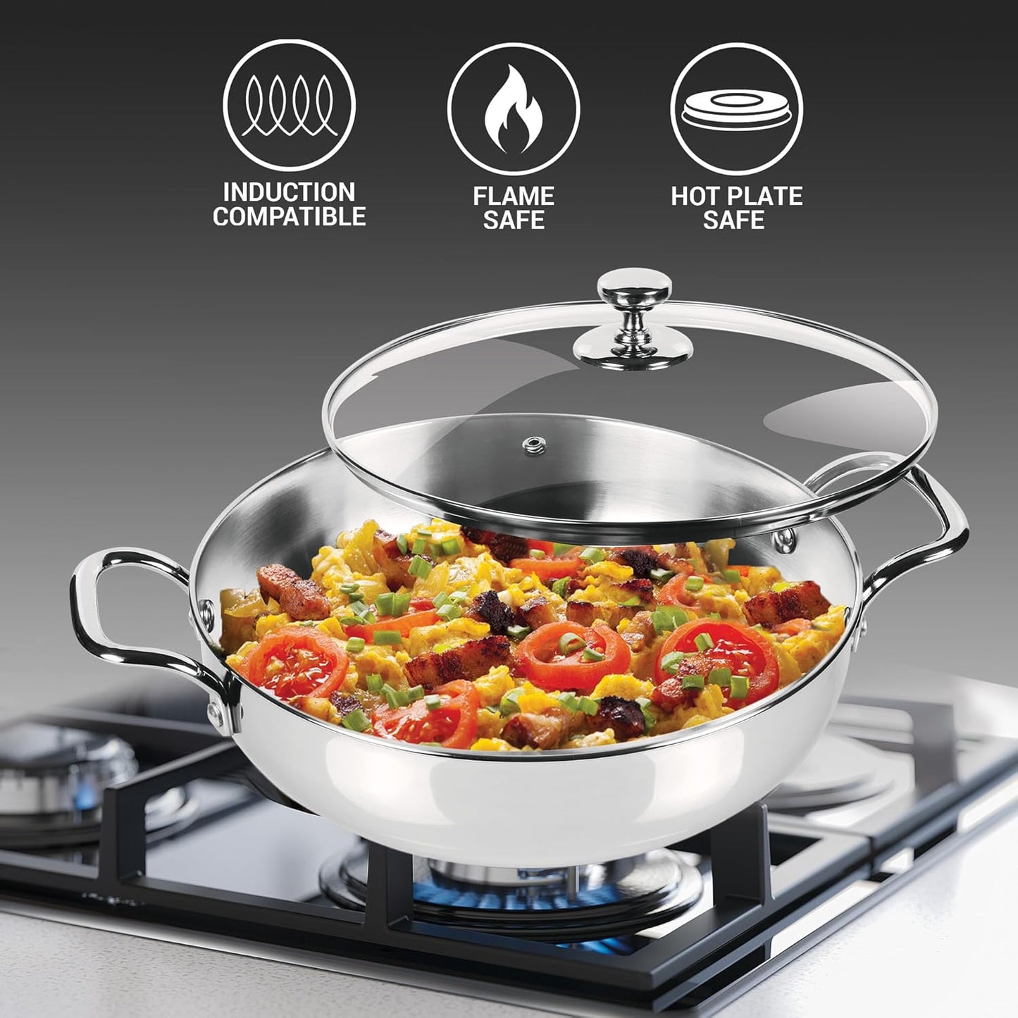 MILTON Pro cook Triply Induction Base Cookware Set Of 3 Stainless Steel |Sauce Pan 14 Cm, Fry 24 Kadhai Cm With Glass Lid Silver | Dishwasher Safe Food Flame