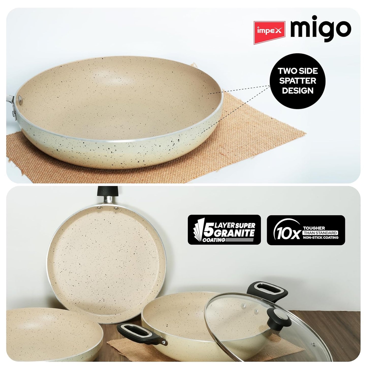 Impex 6 Pcs Nonstick Granite Cookware Set | 3 mm Thickness | Induction Bottom Cookware Set, Nonstick Cookware Set of Frypan, Kadai Pan, Tawa Pan, Tadka Pan and Milk Pan | 1 Year Warranty