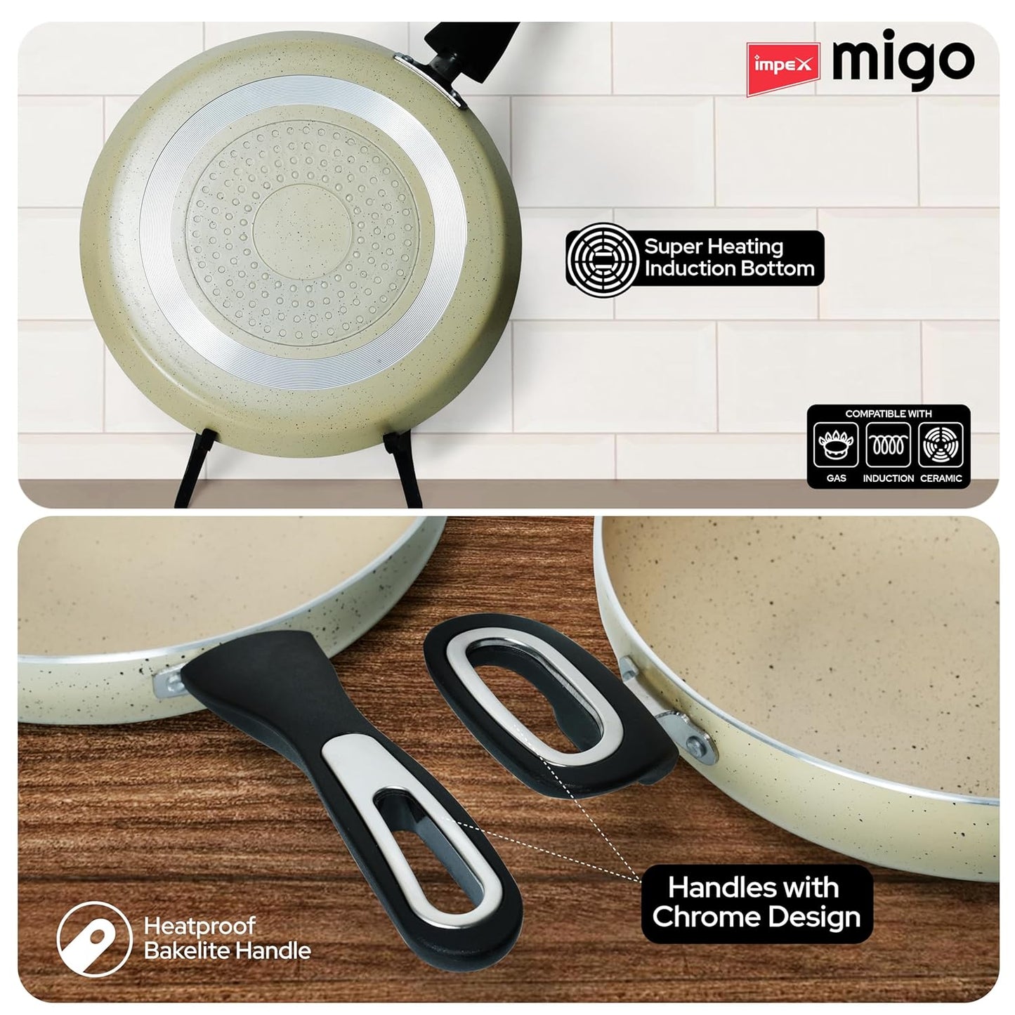 Impex Migo Non Stick Cookware Set | 4 Pcs Induction Bottom Cookware Set 3 mm Thick, Festival Gift Set, 5-Layer Super Granite Non-Stick Coated Cookware Set,Two Sides Spatter Design,1 Year Warranty