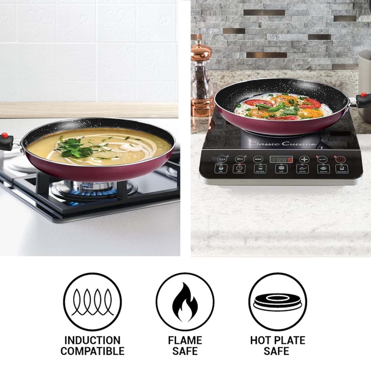 Milton Pro Cook Kitchen Jewel Set of 5, Peach (Fry pan 24 cm/1.6 litres; Kadhai 24 cm/2.5 litres with Glass lid; Tawa 25 cm) | Induction | Hot Plate | Flame Safe