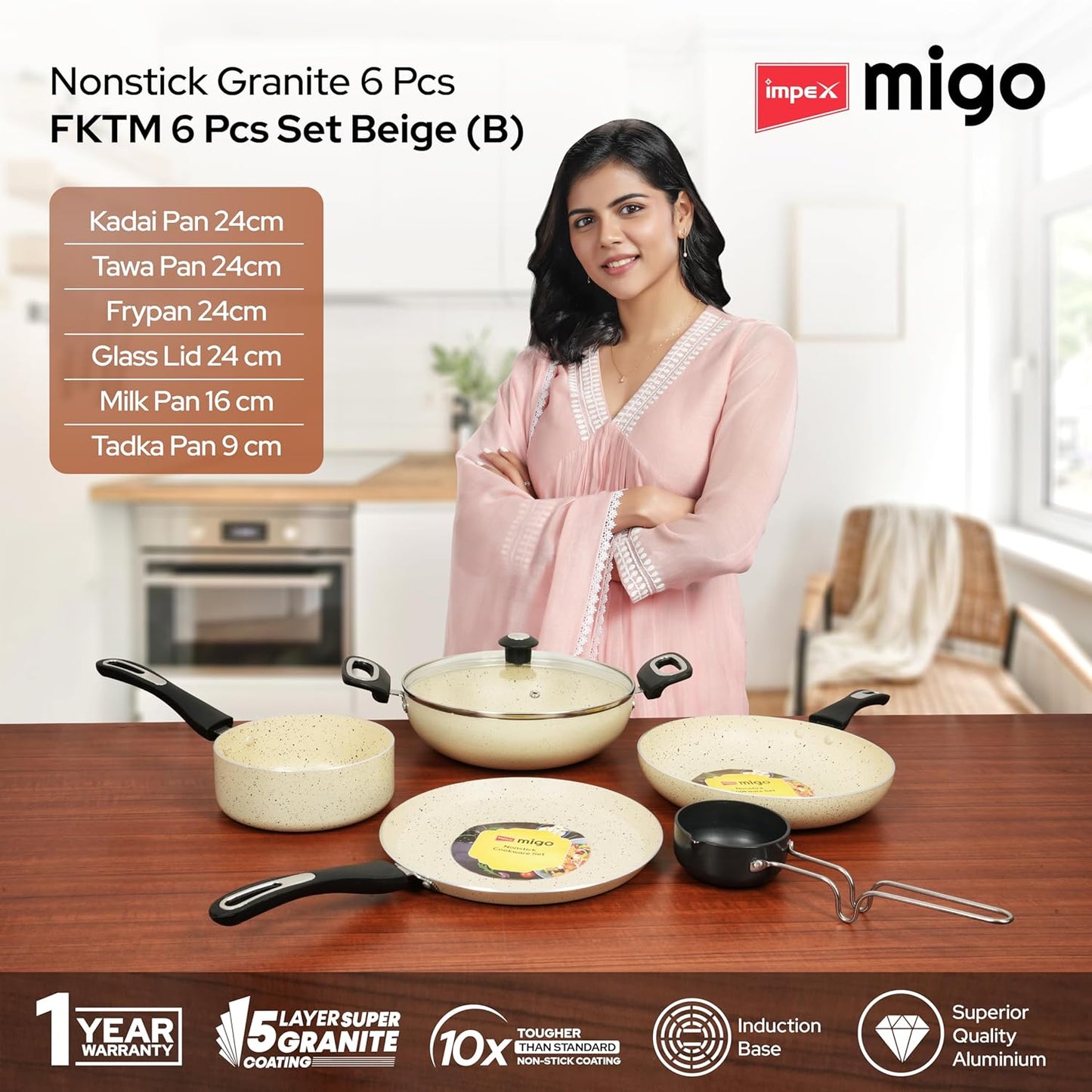 Impex 6 Pcs Nonstick Granite Cookware Set | 3 mm Thickness | Induction Bottom Cookware Set, Nonstick Cookware Set of Frypan, Kadai Pan, Tawa Pan, Tadka Pan and Milk Pan | 1 Year Warranty