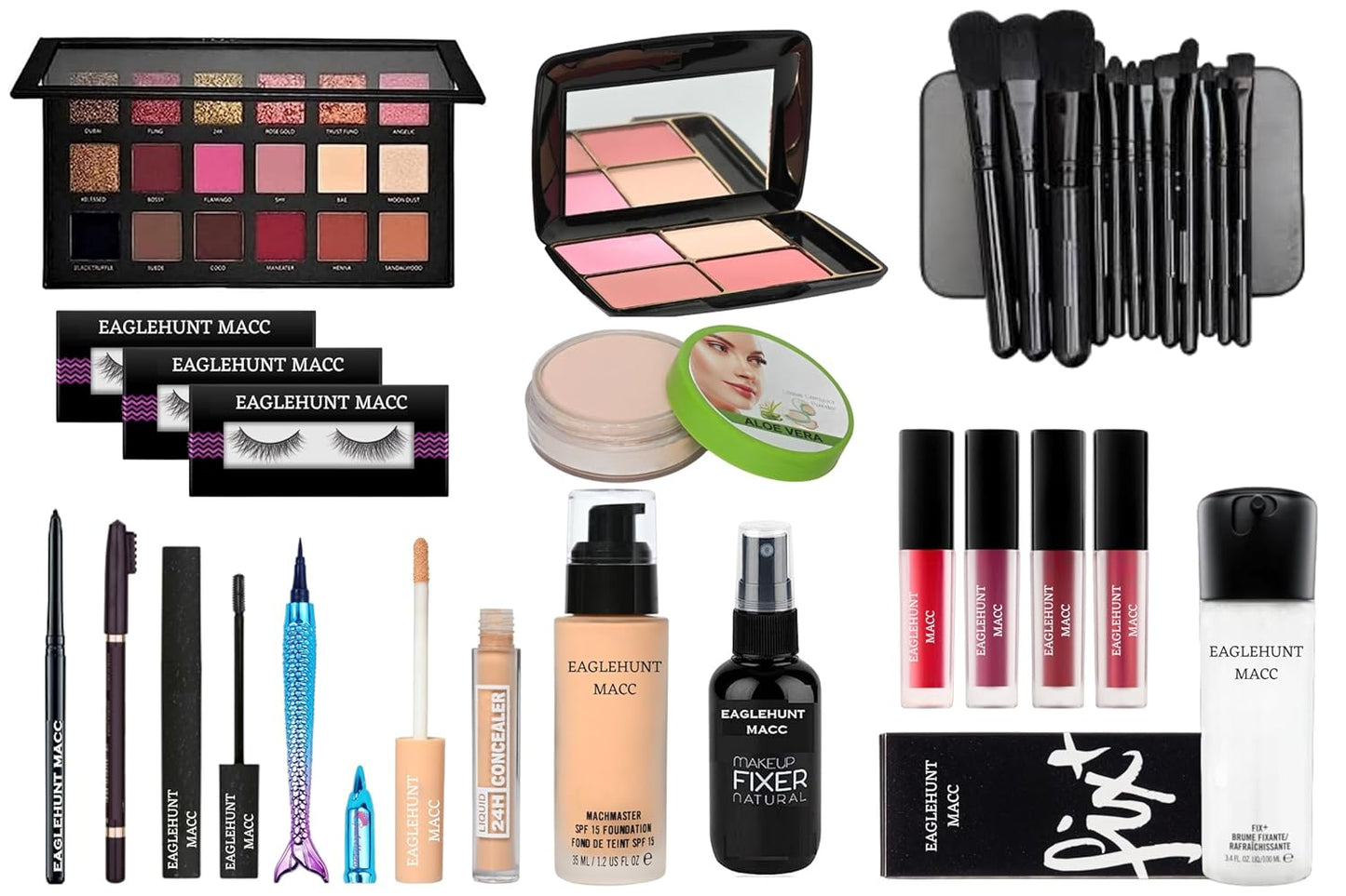 EAGLEHUNT MACC Combo Makeup Kit For Girls (Set Of 14) Primer, Foundation, 3In1, Matte Lipstick, Kajal, Loose Powder, Eyeshadow, Eyelashes, Fixer, 4 Color Blusher