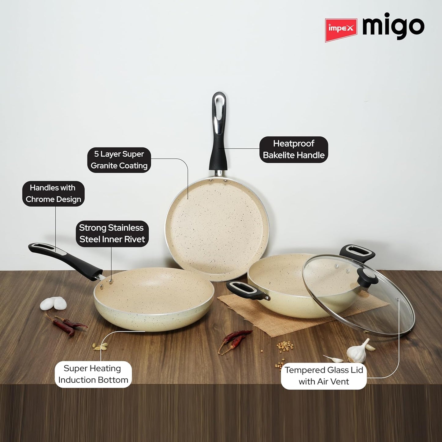 Impex Migo Non Stick Cookware Set | 4 Pcs Induction Bottom Cookware Set 3 mm Thick, Festival Gift Set, 5-Layer Super Granite Non-Stick Coated Cookware Set,Two Sides Spatter Design,1 Year Warranty