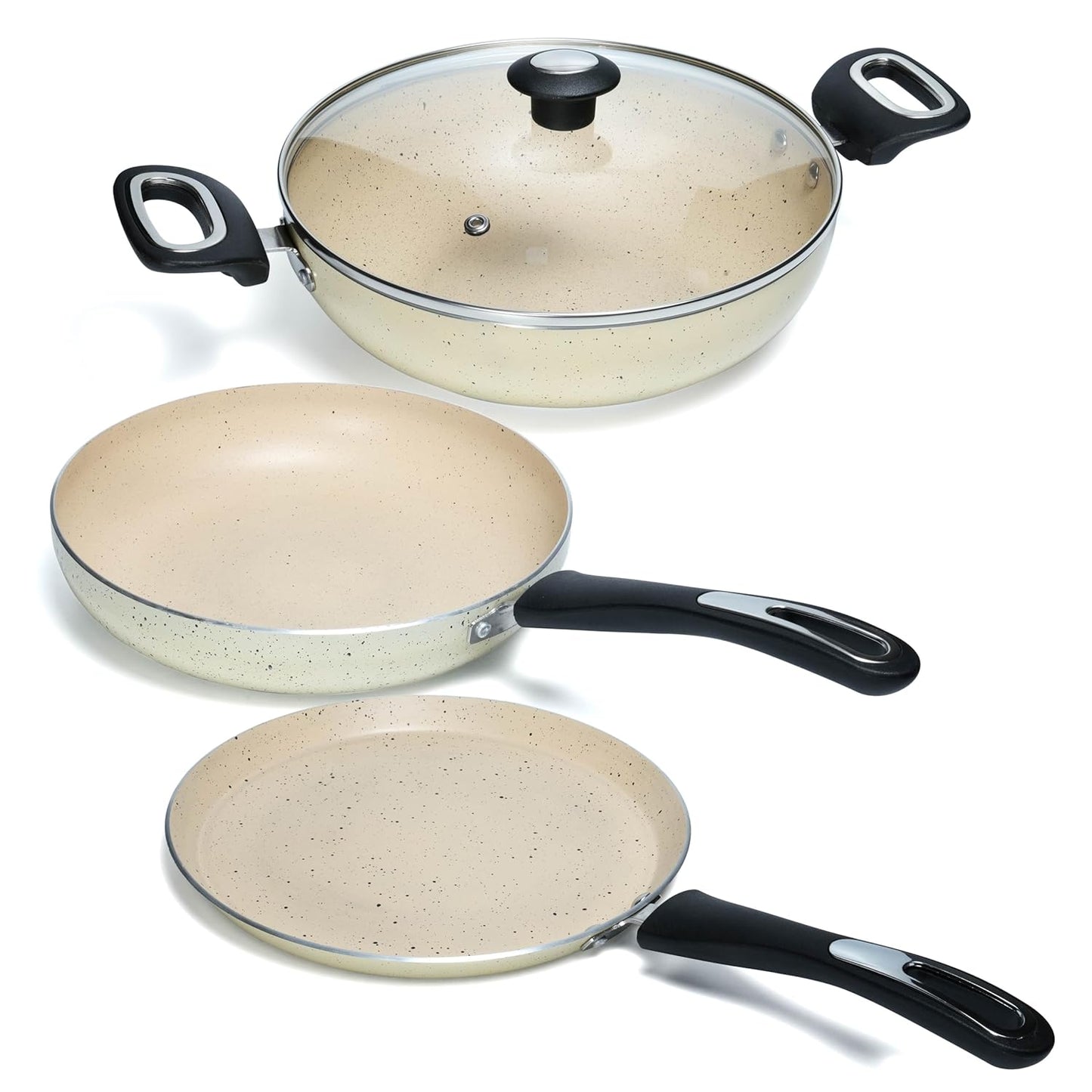 Impex Migo Non Stick Cookware Set | 4 Pcs Induction Bottom Cookware Set 3 mm Thick, Festival Gift Set, 5-Layer Super Granite Non-Stick Coated Cookware Set,Two Sides Spatter Design,1 Year Warranty
