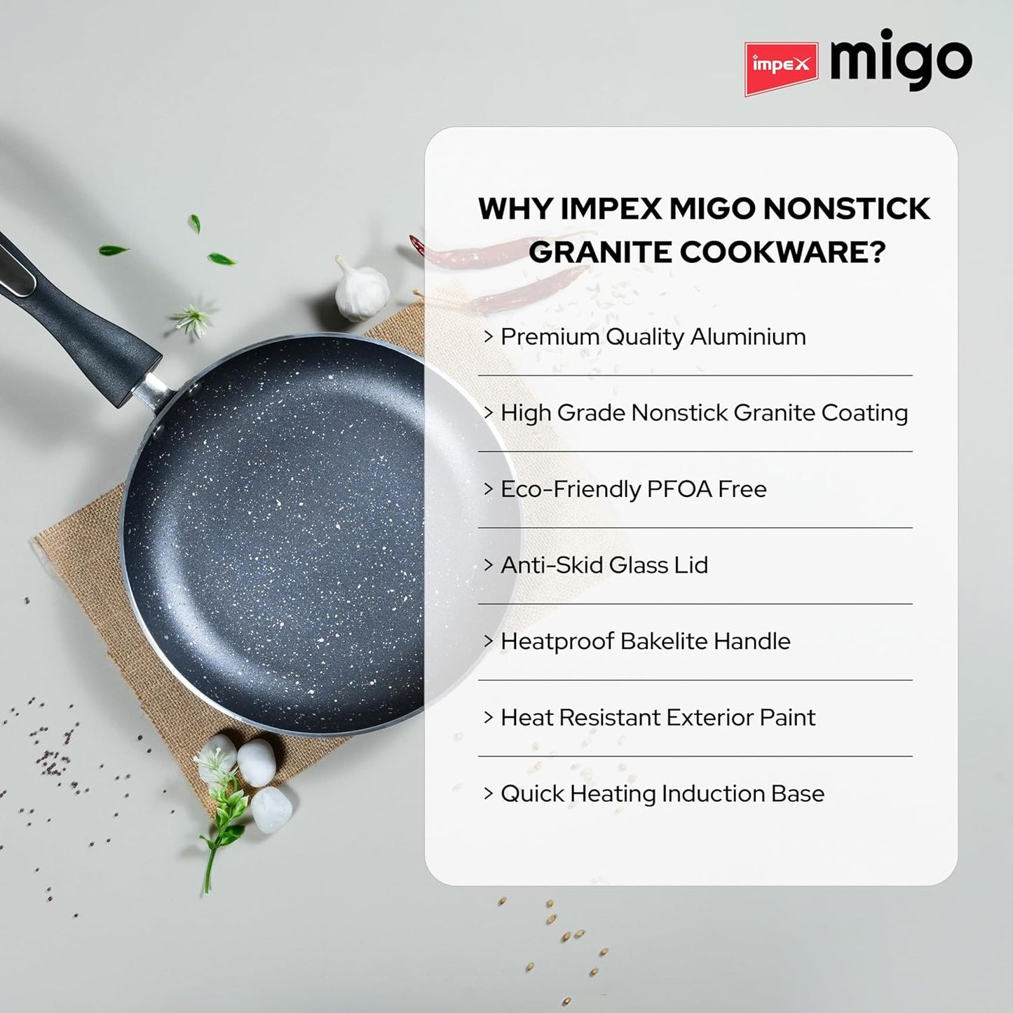Impex Aluminium Migo Nonstick Granite 6 Pcs Induction Bottom Cookware Set 3 Mm Thick,Festival Gift Set Mfkt 6,5-Layer Super Granite Coated Cookware Set,Hammer Tone Exterior Finish,1 Yr Warranty, Grey