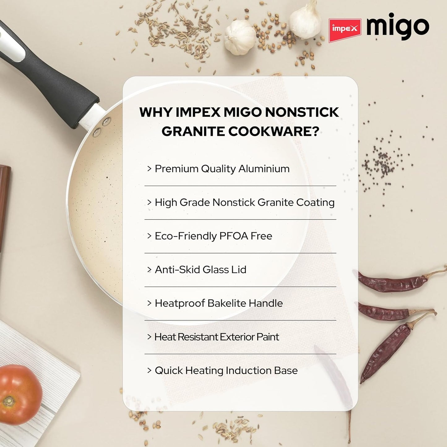 Impex Migo Non Stick Cookware Set | 4 Pcs Induction Bottom Cookware Set 3 mm Thick, Festival Gift Set, 5-Layer Super Granite Non-Stick Coated Cookware Set,Two Sides Spatter Design,1 Year Warranty