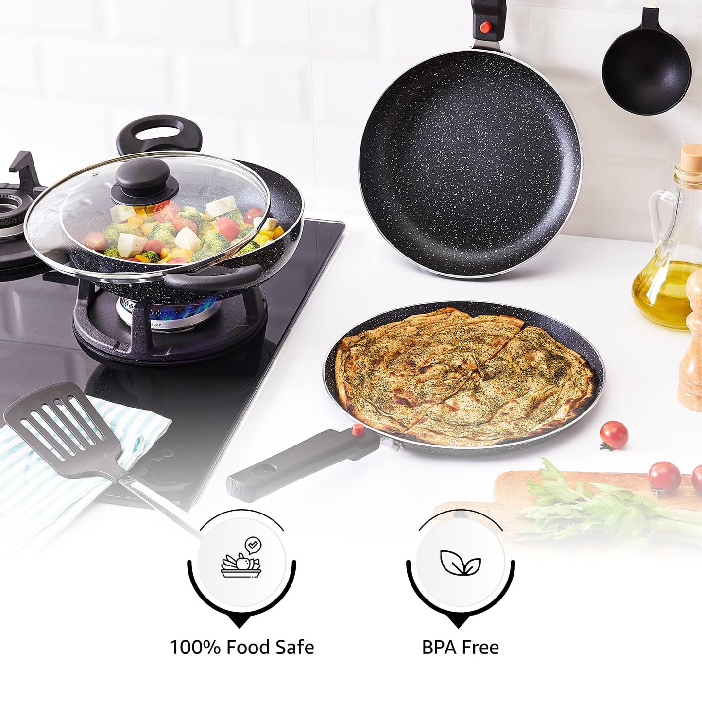 Solimo Aluminium 6 Piece Non-Stick Cookware Set with Detachable Handle| Granite Finish | Induction Base | Pfoa Free | HTR Exterior Coating | Black