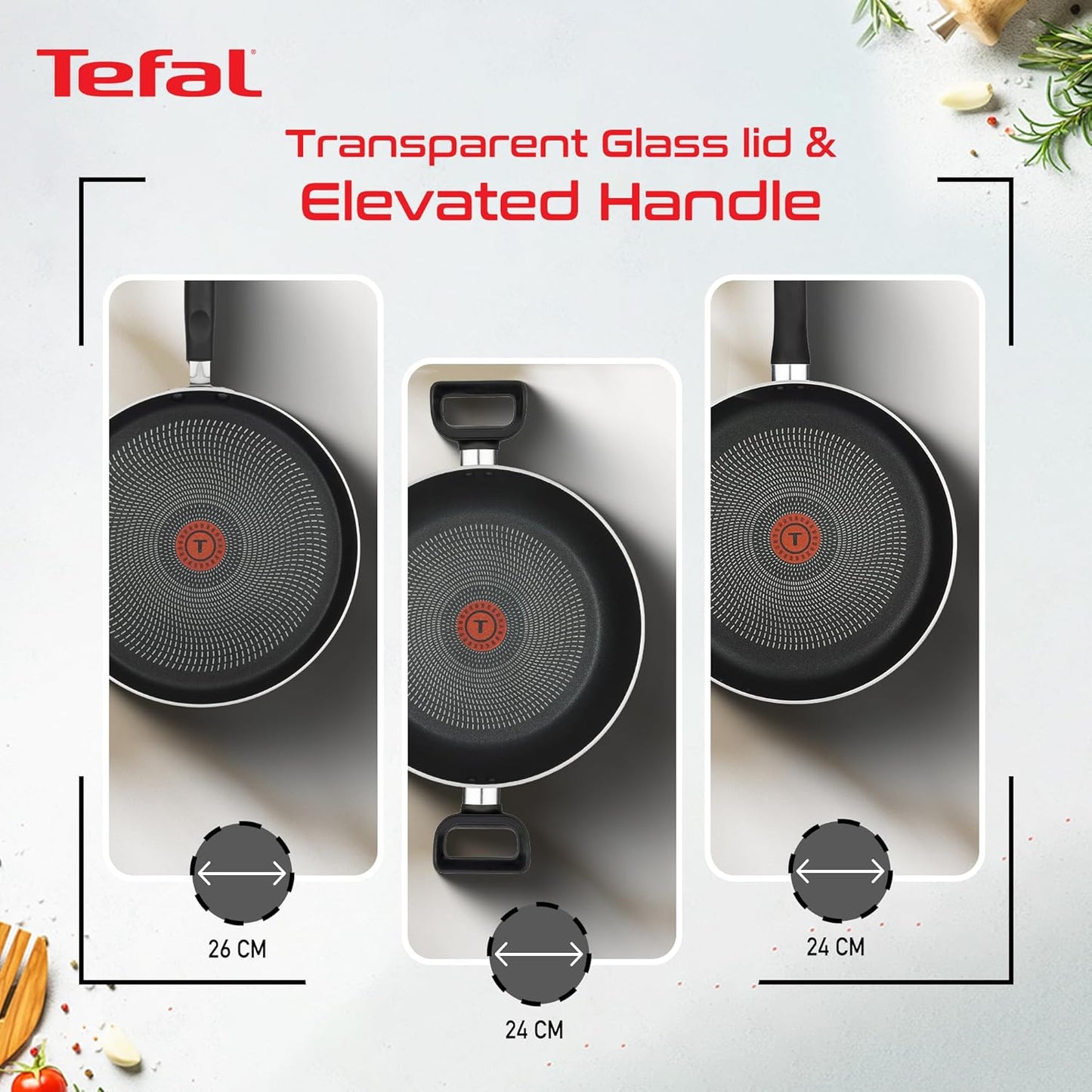 Tefal Delicia Non-Stick Cookware- Set of 4 / Kadhai, Tawa, Fry Pan, Lid & Spatula/Thermo-spot Technology / 24 cm, 26 cm, 24 cm/Suitable for Gas, Electric, Ceramic/Black / 2 Years Coverage
