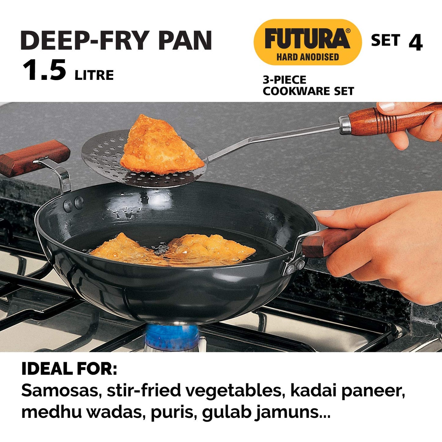 Hawkins Futura 3 Pieces Cookware Set 4 - Hard Anodised Tava, Kadhai, Cook-n-Serve Bowl with One Hard Anodised Lid, Black (ASET4)