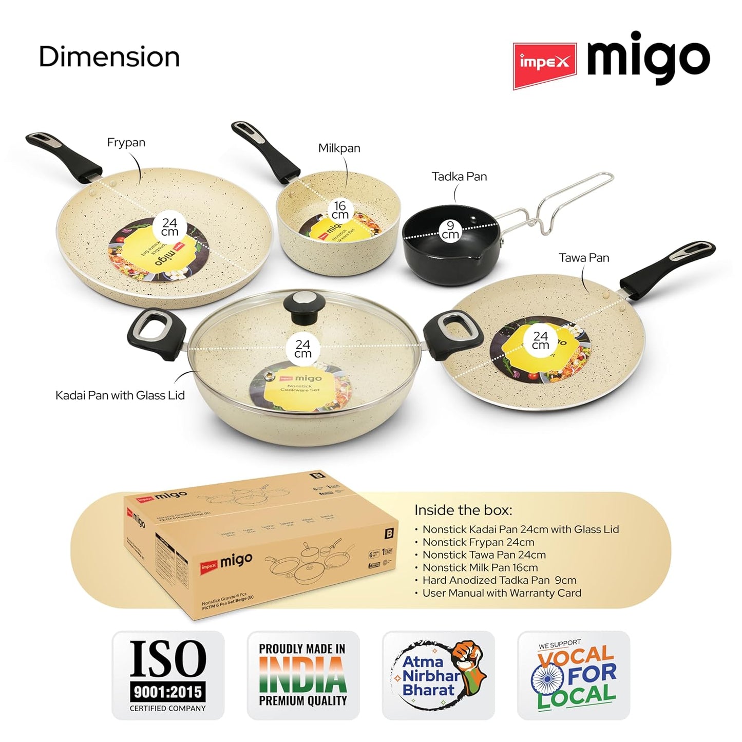 Impex 6 Pcs Nonstick Granite Cookware Set | 3 mm Thickness | Induction Bottom Cookware Set, Nonstick Cookware Set of Frypan, Kadai Pan, Tawa Pan, Tadka Pan and Milk Pan | 1 Year Warranty