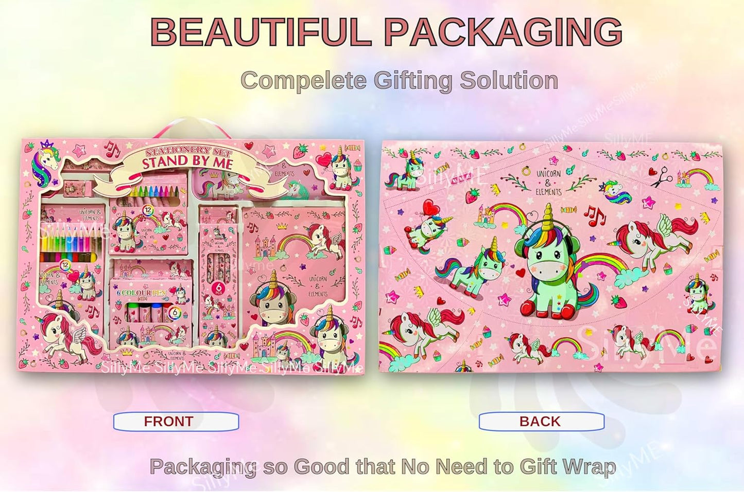 SILLYME 41 pcs Mega Unicorn Stationery Set for Girls - Birthday Gift for Girls - Metal Geometry Box for Girls, Pencil Colour Sets., Unicorn Diary, Crayon, Skech pens, Pencil Eraser Scale