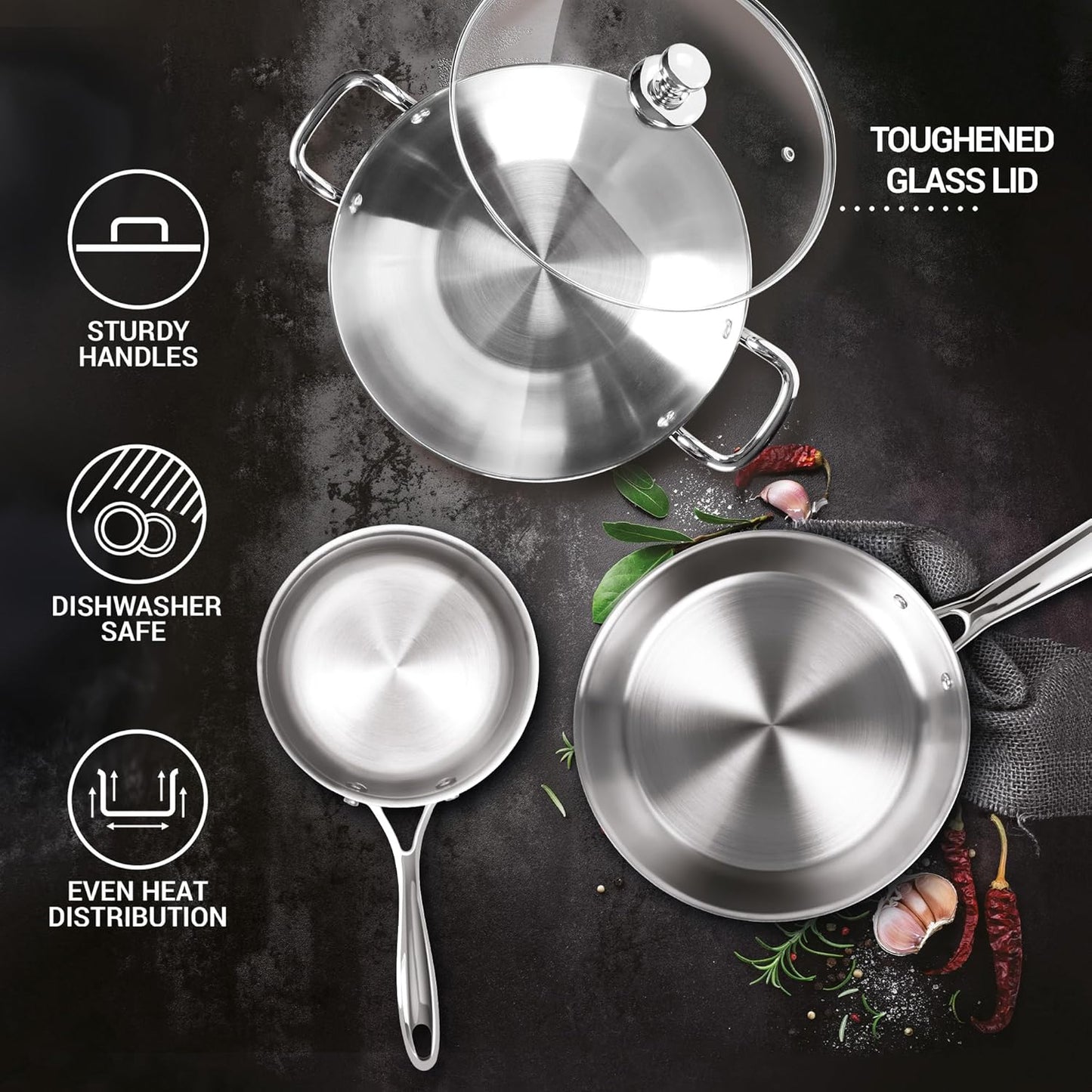 MILTON Pro cook Triply Induction Base Cookware Set Of 3 Stainless Steel |Sauce Pan 14 Cm, Fry 24 Kadhai Cm With Glass Lid Silver | Dishwasher Safe Food Flame
