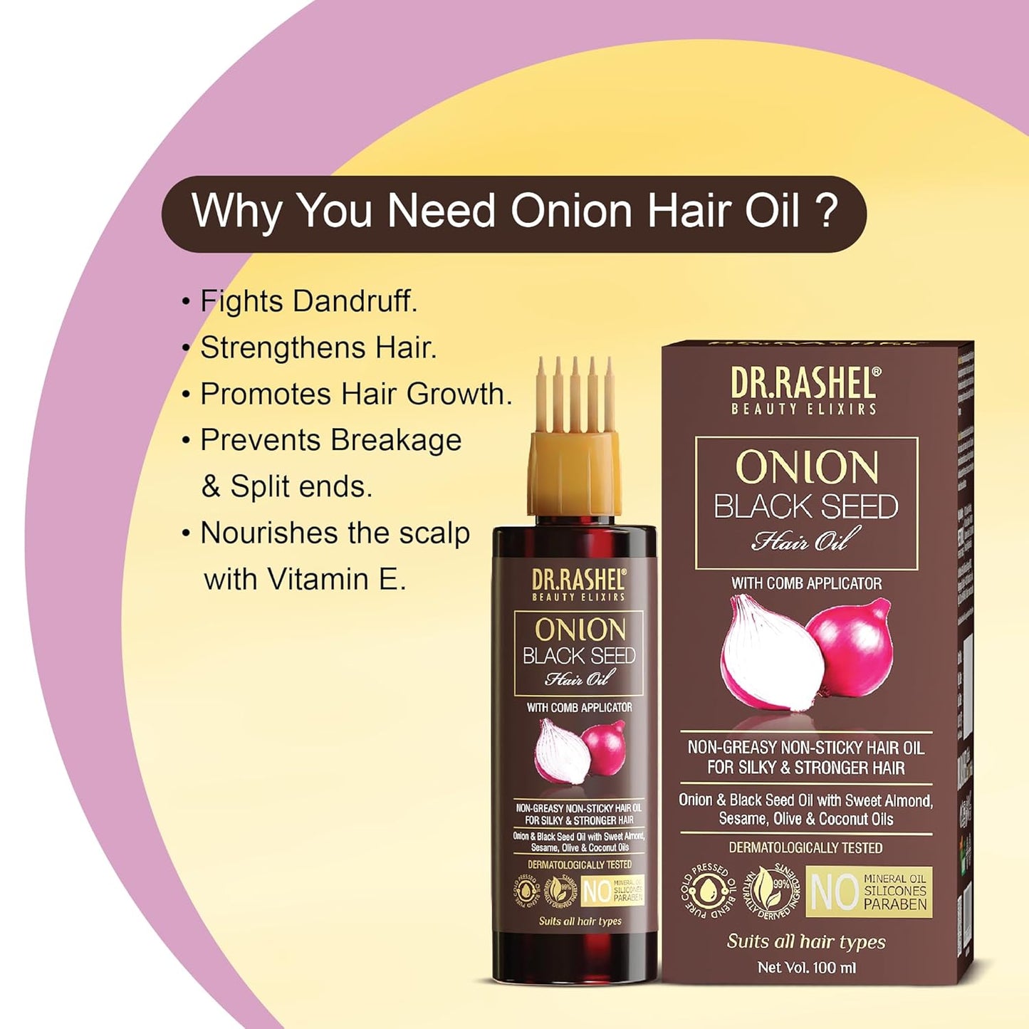 DR.RASHEL Onion Oil - Black Seed Onion Hair Oil With Comb Applicator - Controls Hair Fall - No Mineral Oil, Silicones & Paraben - 100 ml