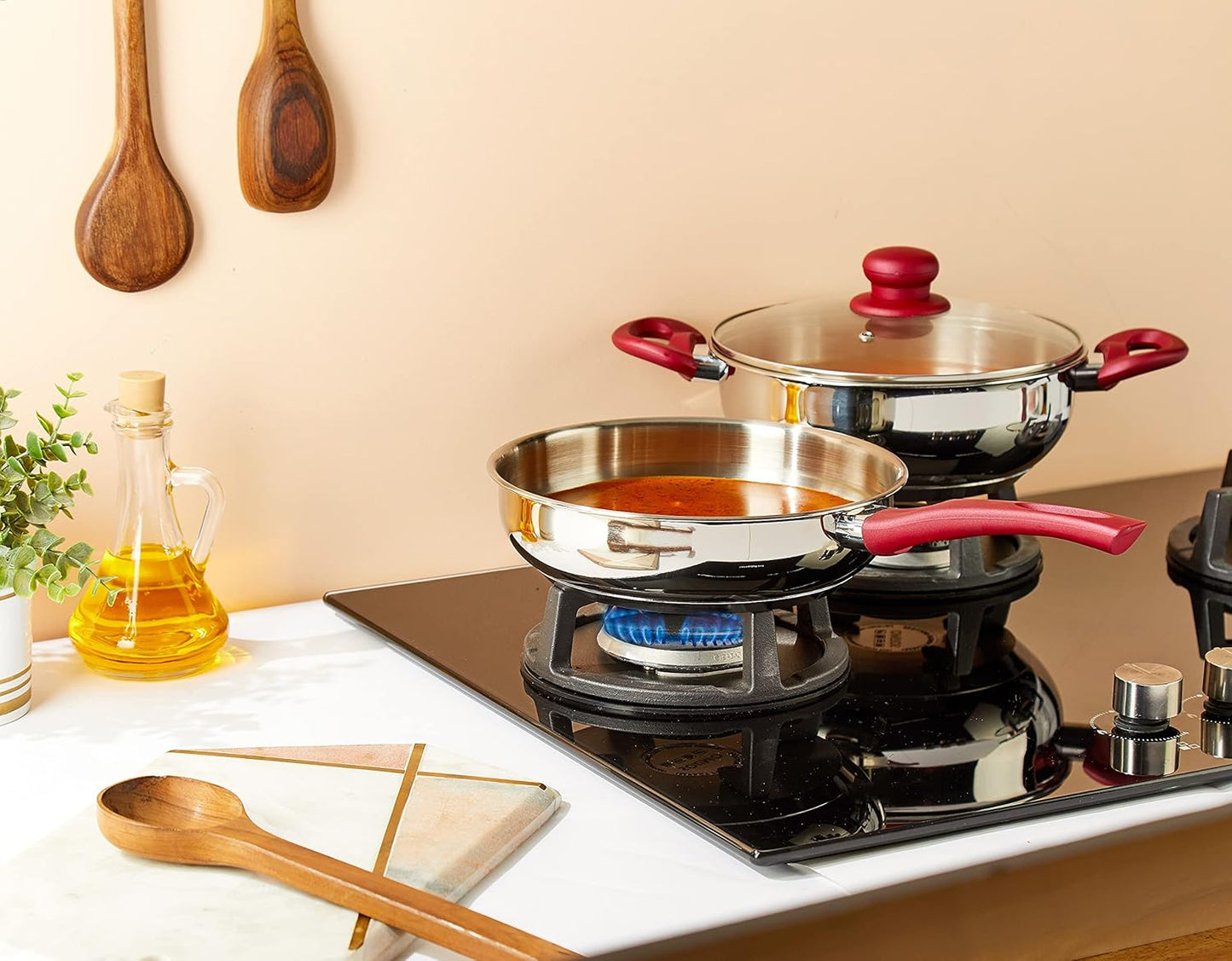 Solimo Stainless Steel Heavy Bottom 2 Piece Cookware Set |Three Layer Impact Forged Bottom for Durability | Premium Look with Soft Touch Handles and Knob, 22 Cm, 2700 Milliliter