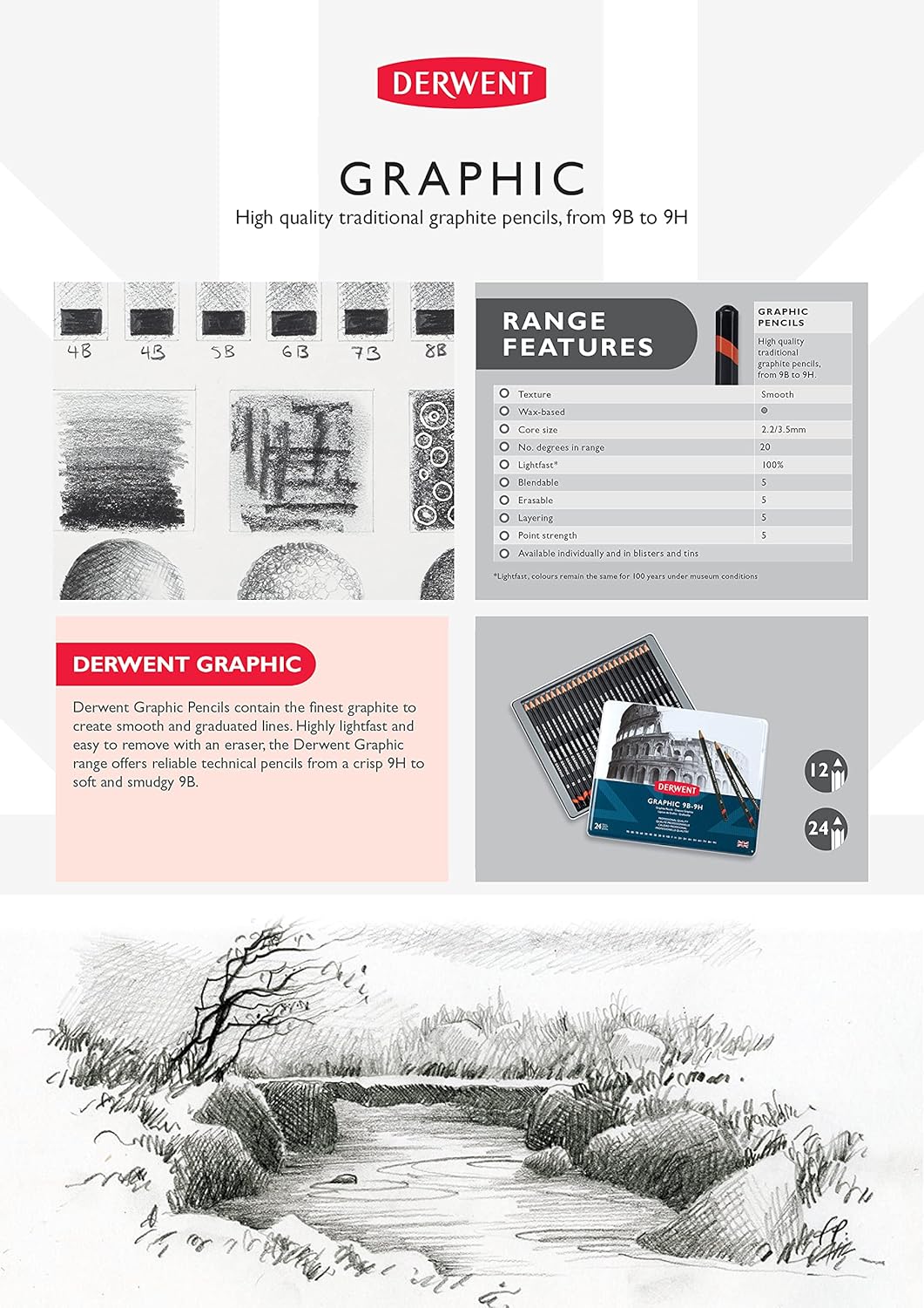 Derwent Graphic Full Set of Graphite Drawing Pencils, Drawing & Writing, Ideal For Sketching, Professional Quality - 34202 (Set of 24, 9B-9H)
