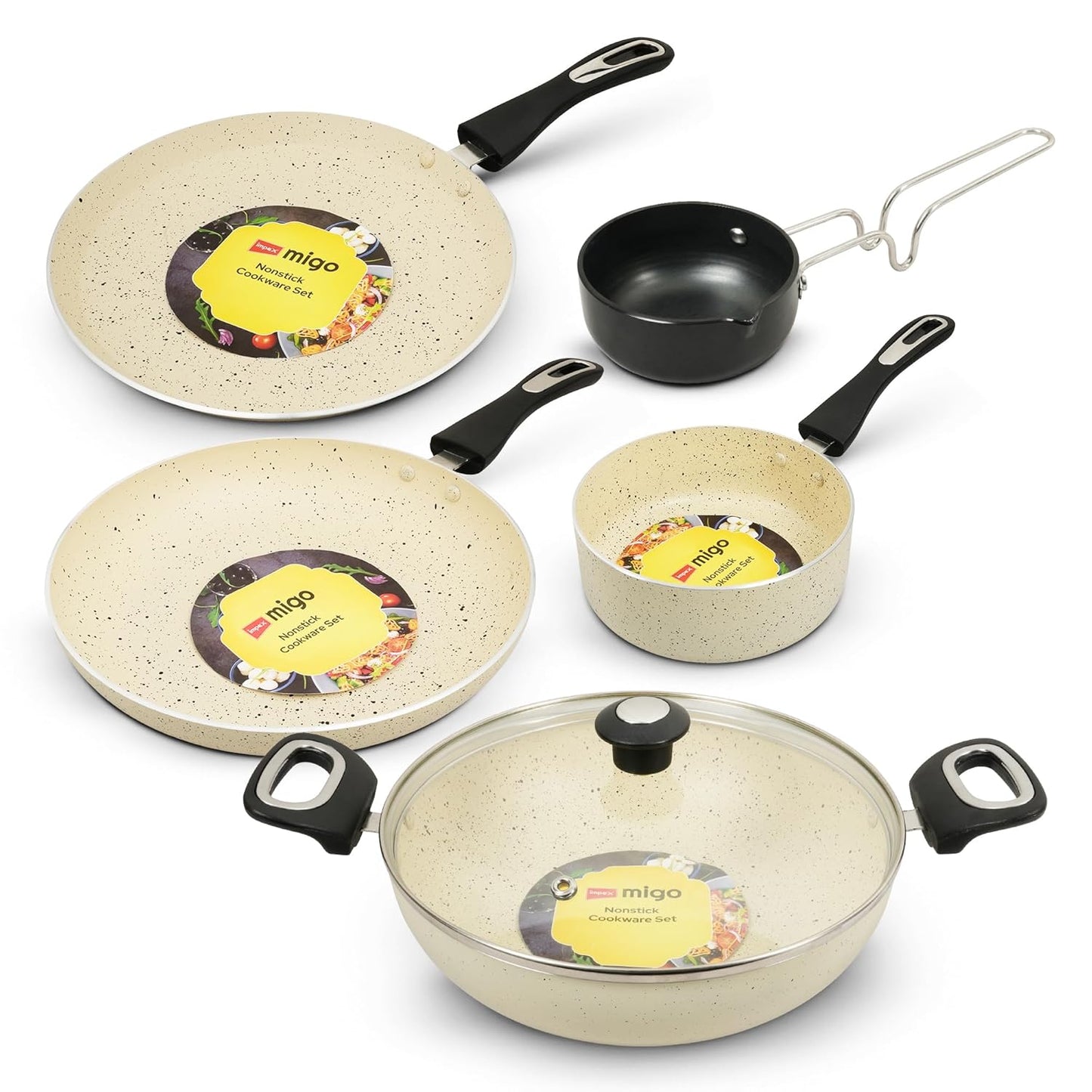 Impex 6 Pcs Nonstick Granite Cookware Set | 3 mm Thickness | Induction Bottom Cookware Set, Nonstick Cookware Set of Frypan, Kadai Pan, Tawa Pan, Tadka Pan and Milk Pan | 1 Year Warranty