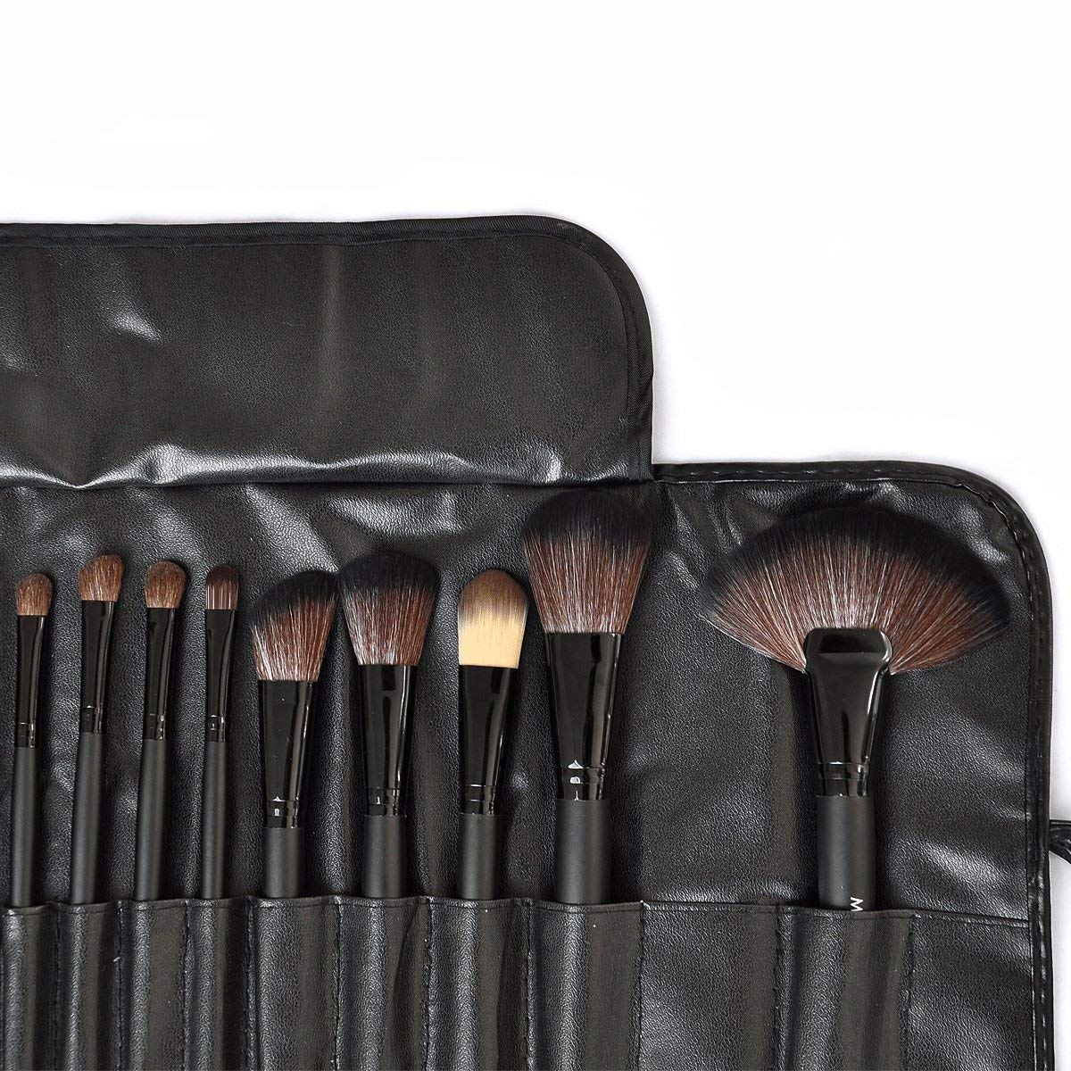 MACPLUS Fiber Bristle Makeup Brush Set with Black Leather Case- BLACK, 24 Pieces