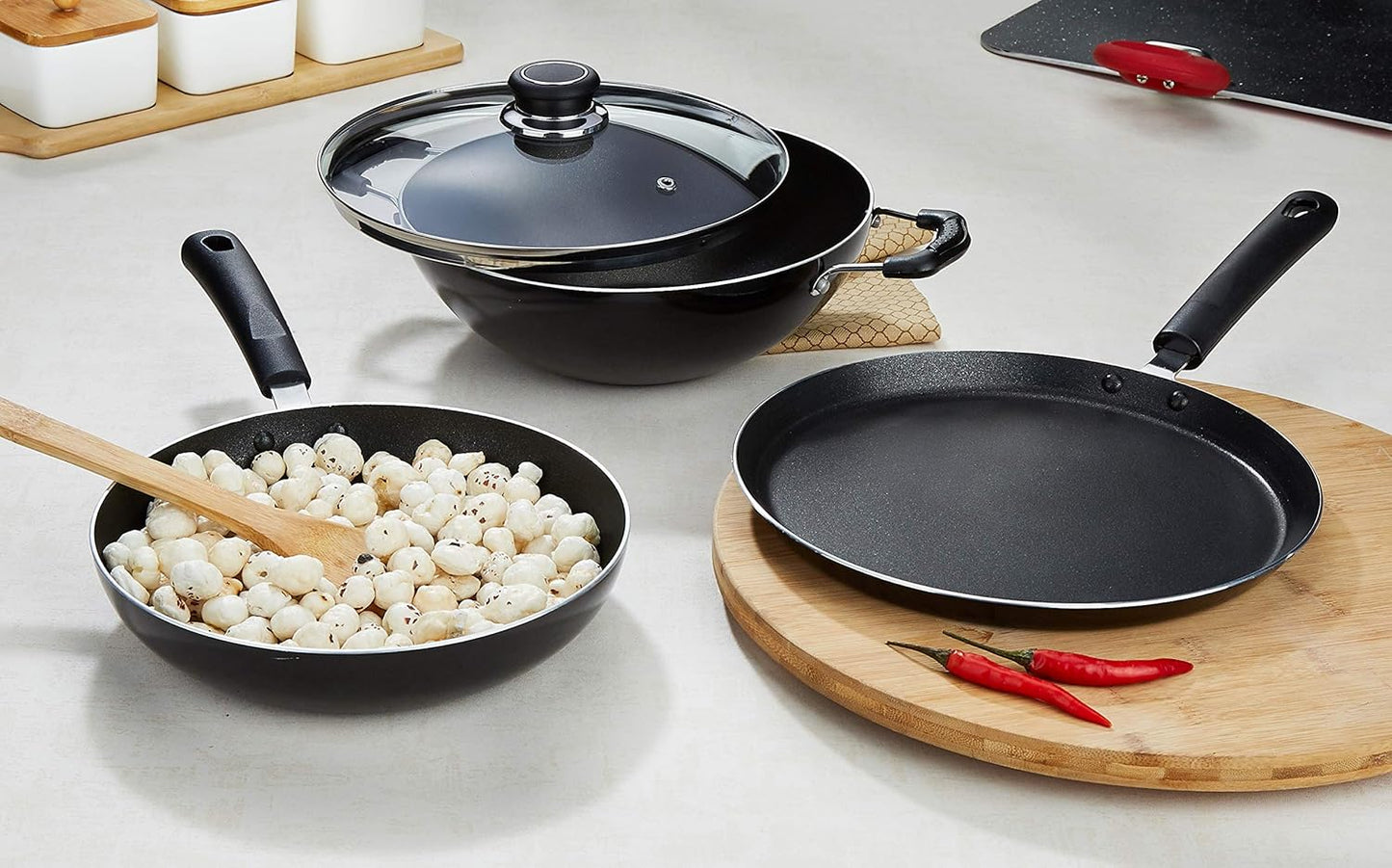 Solimo 3 Pcs Non Stick Cookware Set - Aluminium, Black
