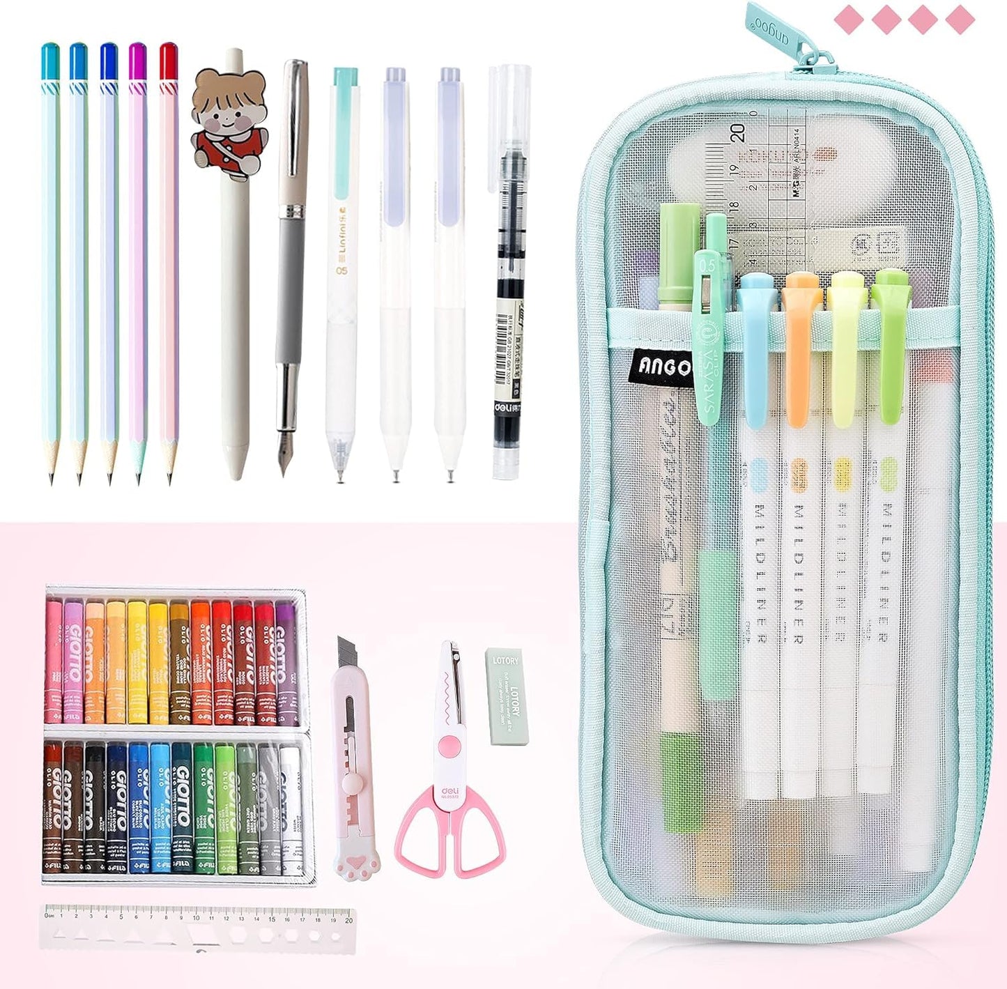 Elegious Net Pencil Pouch Durable, Stylish & Spacious Organizer for Pens, Pencils, and Small Accessories Ideal for School, Office, and Travel Pack of 1 (NET SkyBlue Pouch)