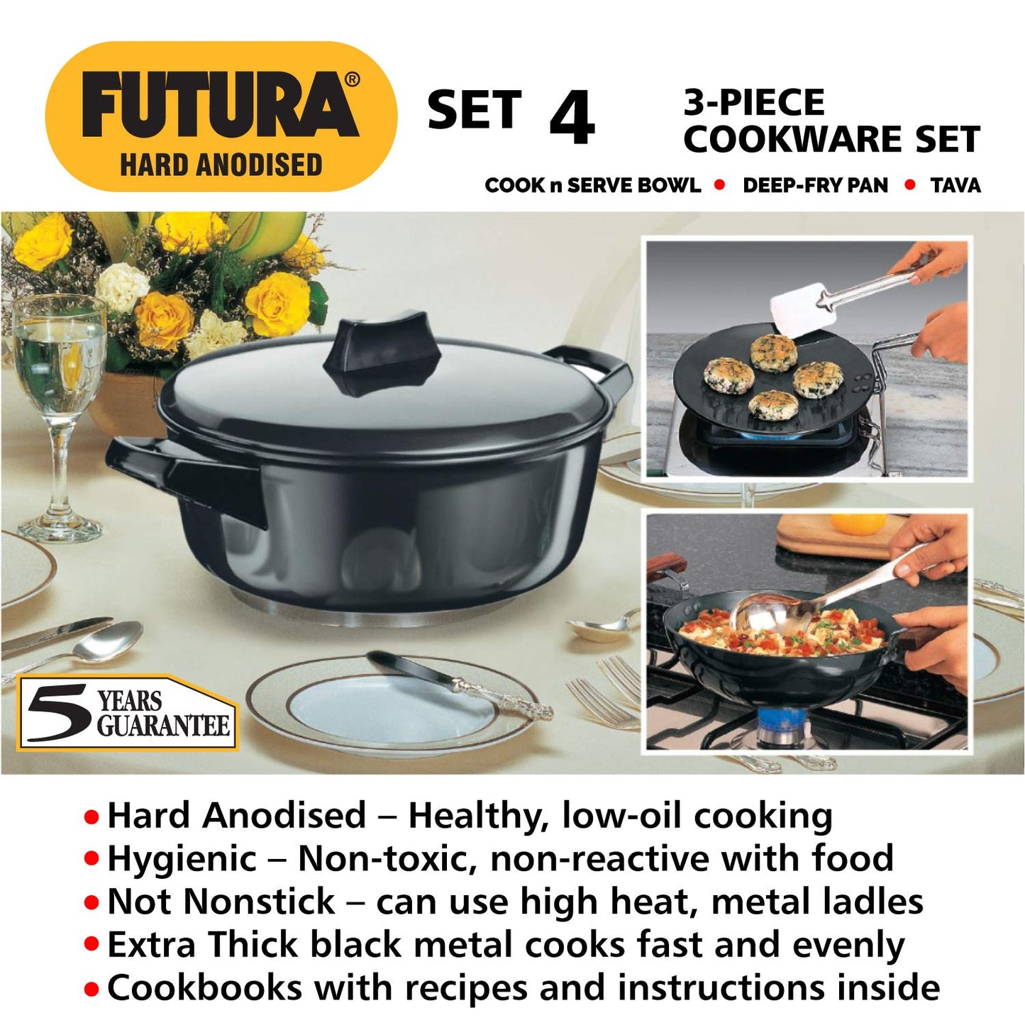 Hawkins Futura 3 Pieces Cookware Set 4 - Hard Anodised Tava, Kadhai, Cook-n-Serve Bowl with One Hard Anodised Lid, Black (ASET4)