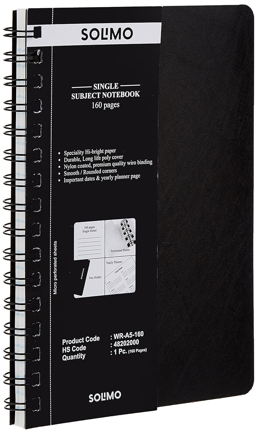 Solimo Wirebound Notebook, A5 Size, 160 Pages, Single Ruled, 70 GSM Paper