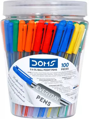 DOMS 0.6mm Everyday DF Ball Pen (Pack of 100, Ink Color - Blue, Black, Red,Blue)