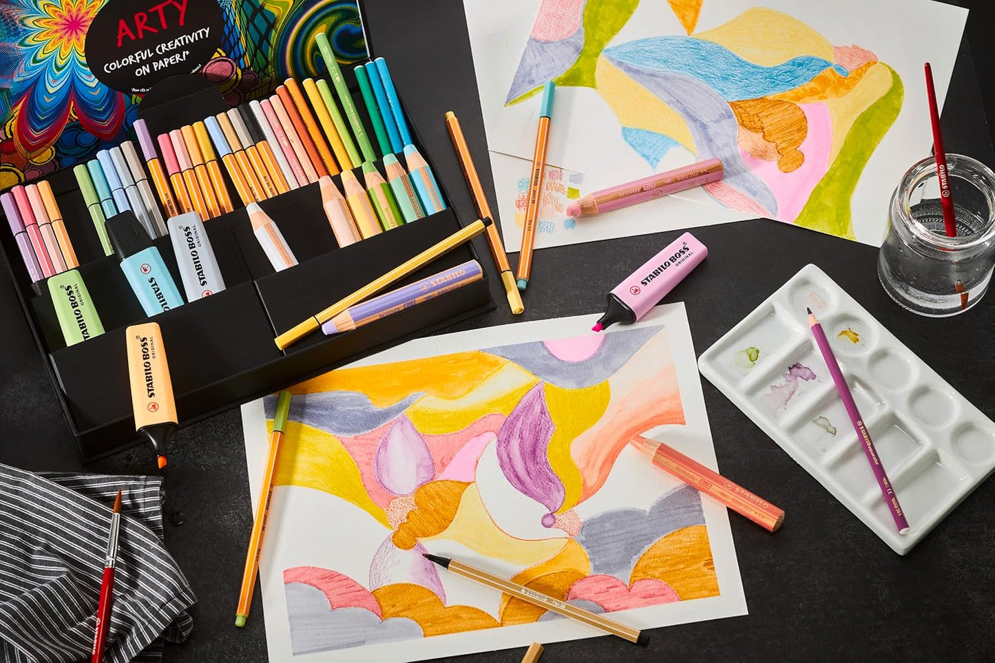 STABILO Art Creative Set Pastel - Pack of 50 - Highlighters, Multi-Talent Pens, Watercolour Colouring Pencils, Fineliner & Premium Felt Tip Pens