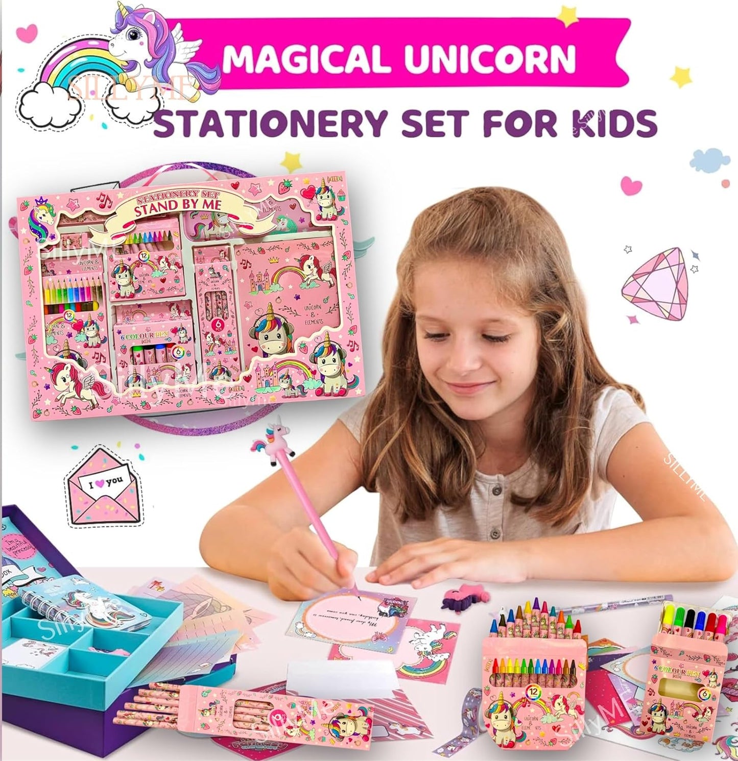 SILLYME 41 pcs Mega Unicorn Stationery Set for Girls - Birthday Gift for Girls - Metal Geometry Box for Girls, Pencil Colour Sets., Unicorn Diary, Crayon, Skech pens, Pencil Eraser Scale