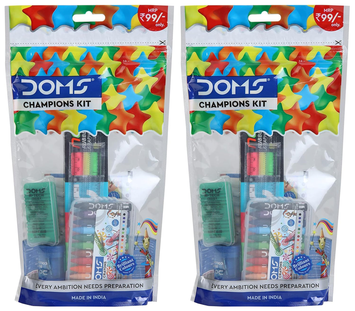 Doms Champions Kit | Perfect Value Pack | Kit for School Essentials | Gifting Range for Kids | Combination of 6 Stationery Items | Pack of 2