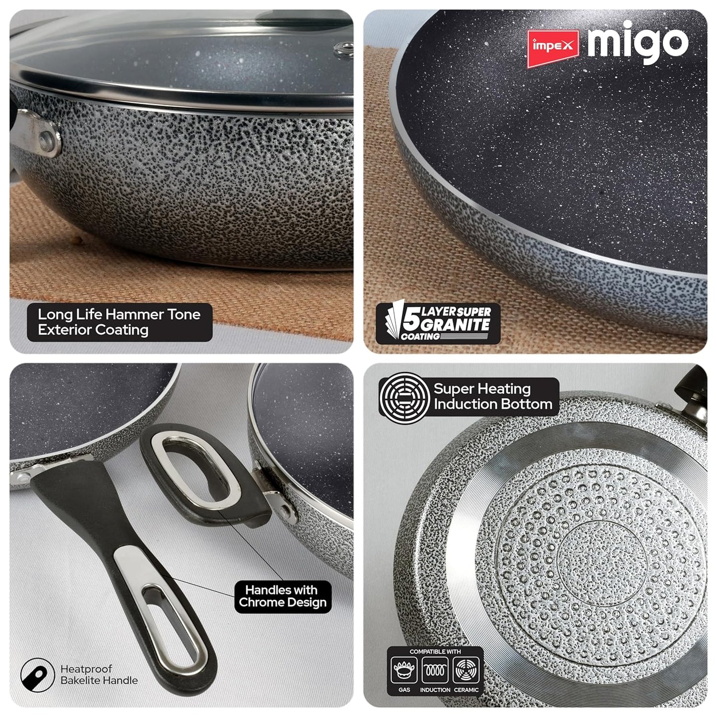 Impex Aluminium Migo Nonstick Granite 6 Pcs Induction Bottom Cookware Set 3 Mm Thick,Festival Gift Set Mfkt 6,5-Layer Super Granite Coated Cookware Set,Hammer Tone Exterior Finish,1 Yr Warranty, Grey